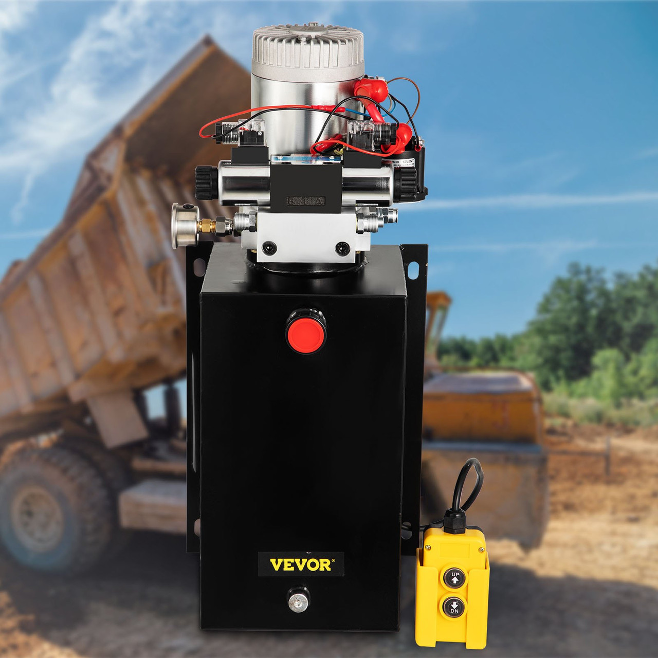 VEVOR Hydraulic Power Unit 12 Volt Dump Trailer Hydraulic Pump Double Acting 15 Quart Hydraulic Pump Electric Hydraulic Cylinder Pump with Brass Pressure Gauge For Dump Trailer Lift Gates & Trucker