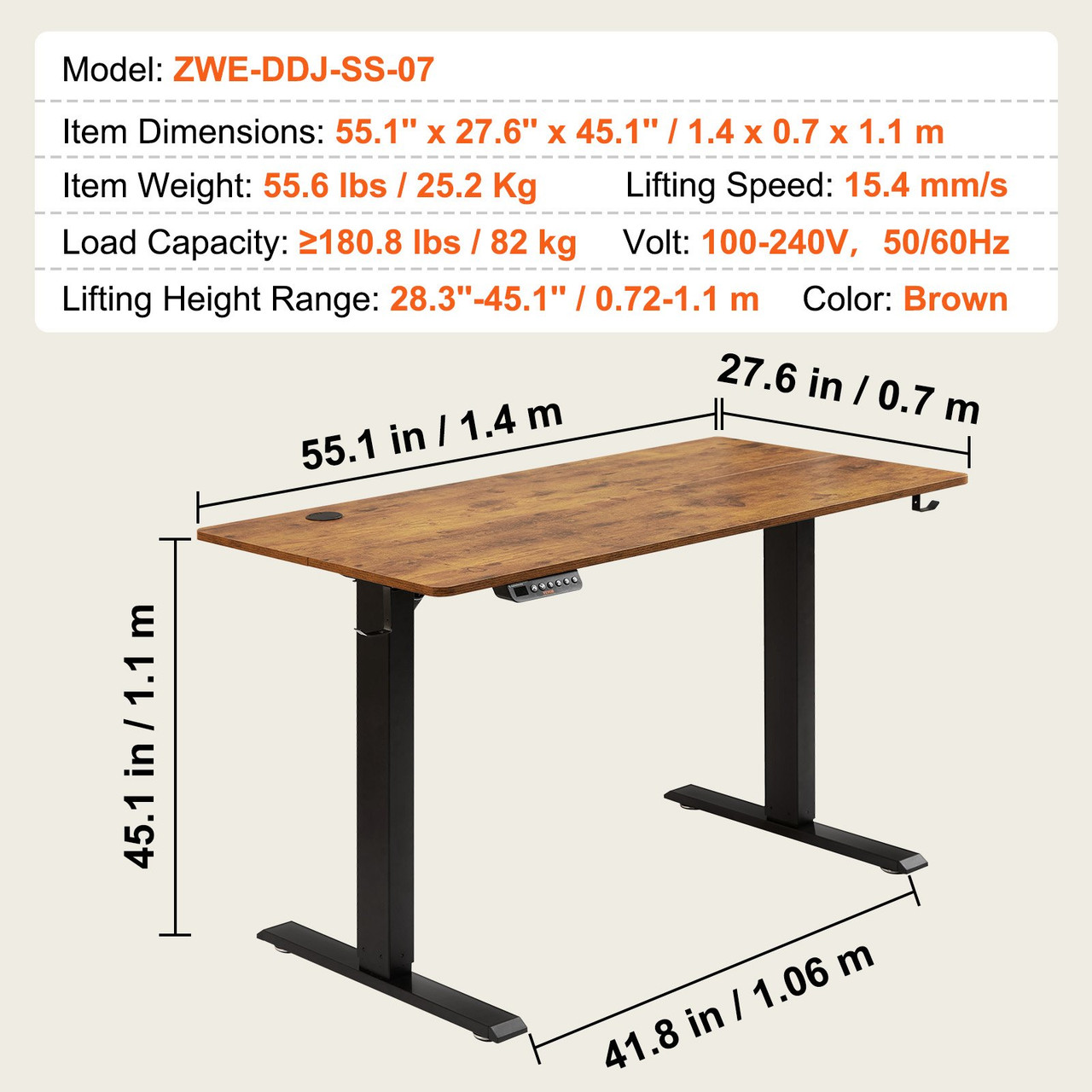 VEVOR Height Adjustable Desk, 55.1 x 27.6 in?1.4m*0.7m?, 3-Key Modes Electric Standing Desk,Whole Piece Desk Board, Sturdy Dual Metal Frame, Max. Bearing 180 LBS Computer Sit Stand up Desk, for Home and Office