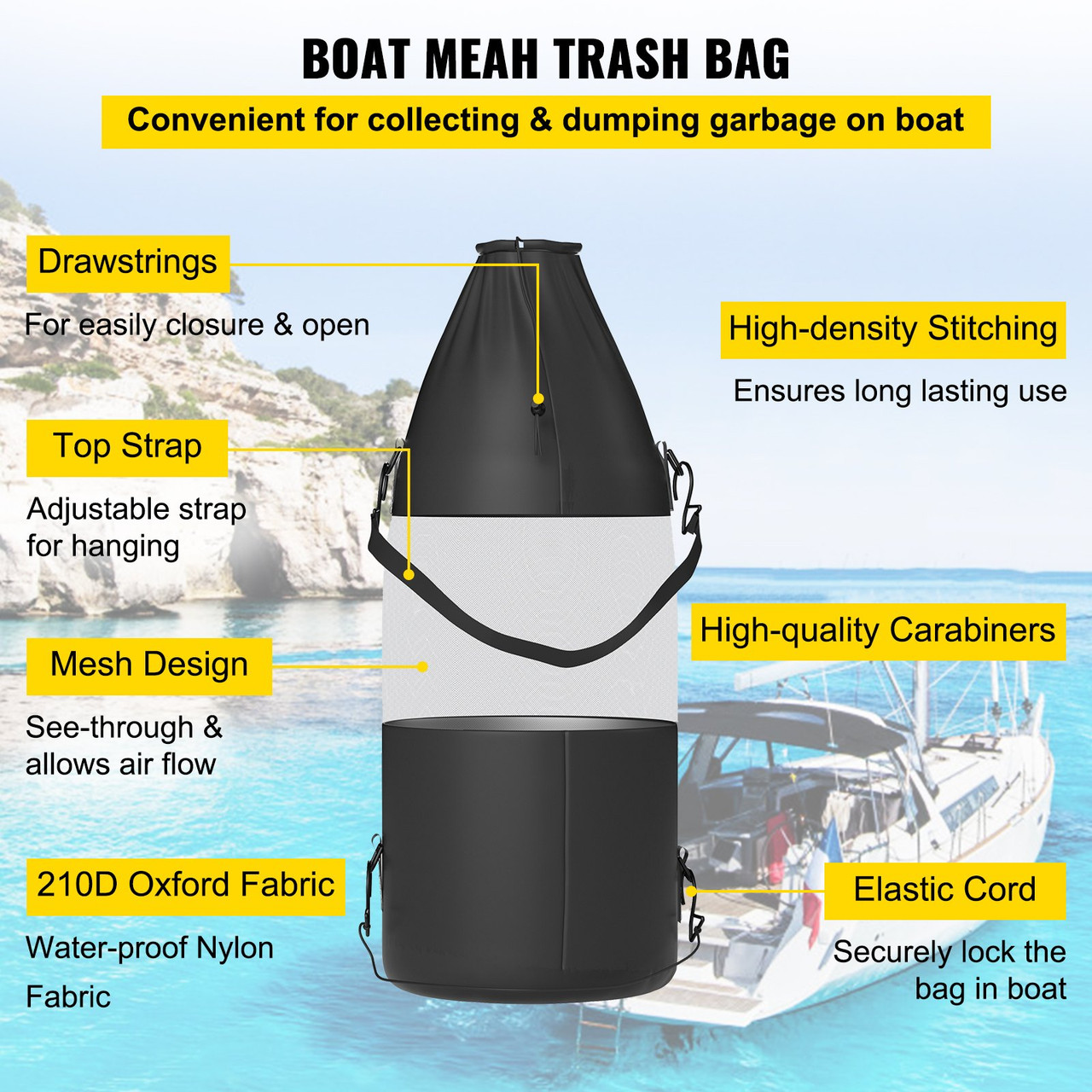 VEVOR T-Top Storage Bag, for 4 Type II Life Jackets, w/ a Boat Trash Bag, 600D Oxford Fabric Life Vests Storage Bag for Most T-Top Boats, Bimini Tops and Pontoon Tops (Life Jackets not Included)