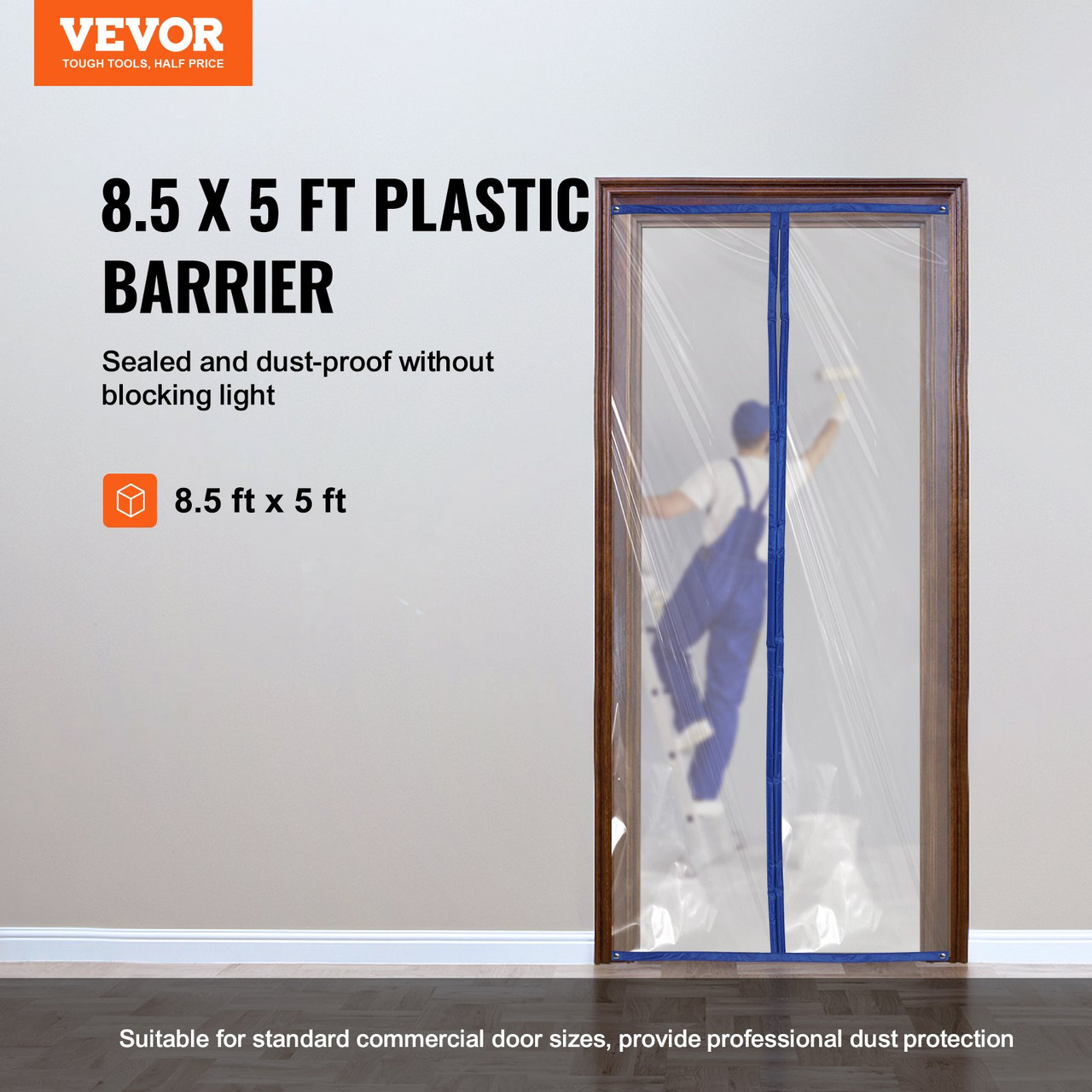 VEVOR Dust Barrier, 8.5 x 5 Ft Dust Barrier Door Kit, with Magnetic Self-Closing Zipper, PE Construction Door Cover for Dust Containment, Reusable Dust Protection Wall for Living Room Bathroom Remodel