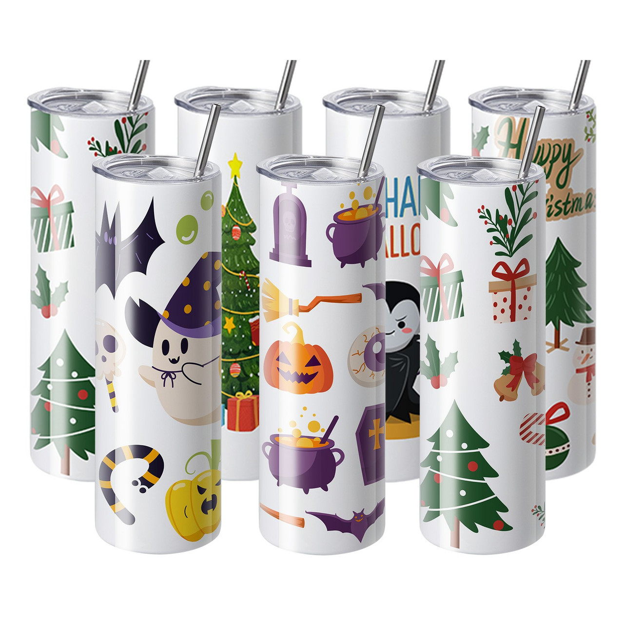 VEVOR 8 Pack 30 Oz Sublimation Tumblers, Skinny Straight Stainless Steel Blanks Cups, Stainless Steel Double Wall Tumbler for Heat Transfer Customized Gifts with Lid and Straw, Gift Box