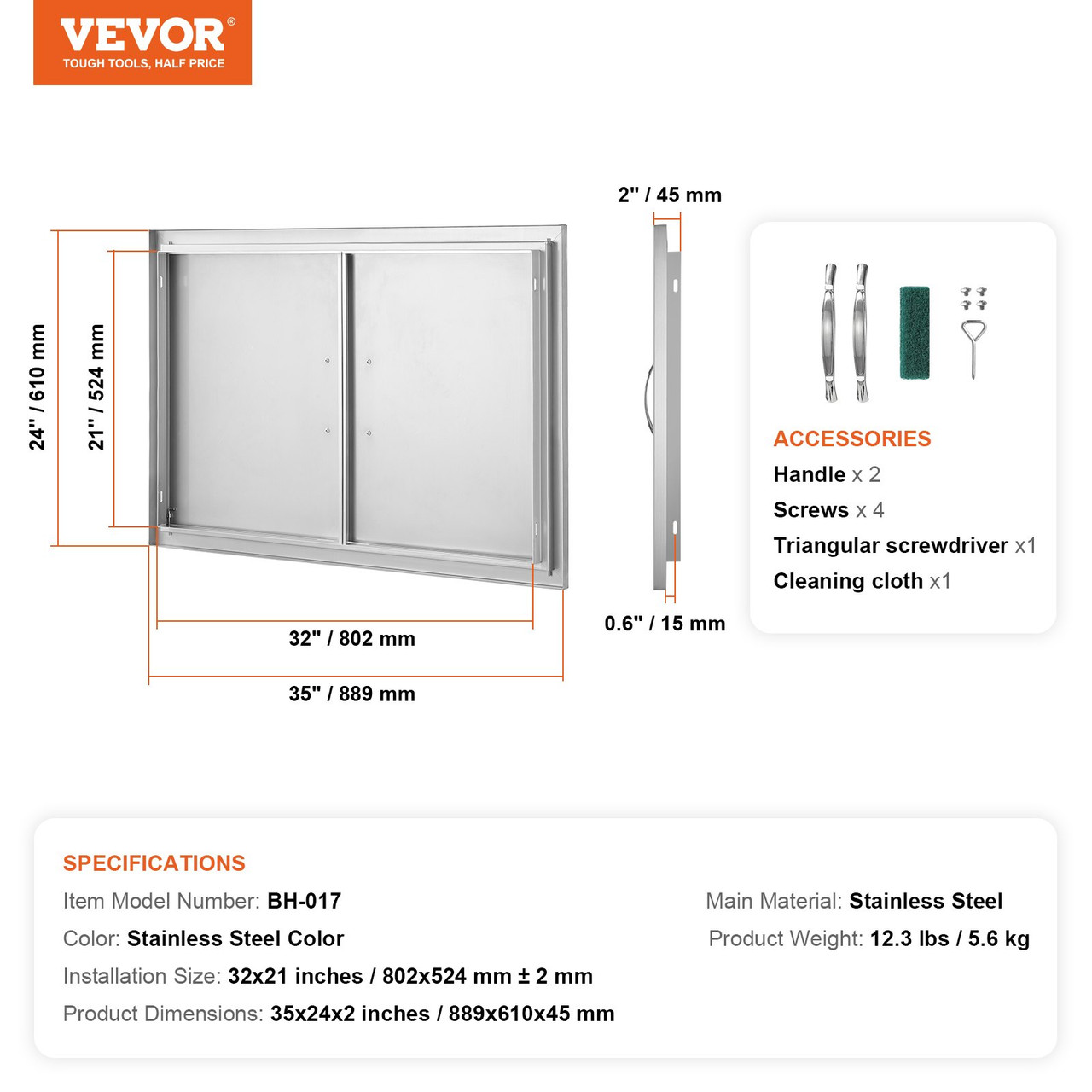 VEVOR BBQ Access Door, 35W x 24H Inch Double Outdoor Kitchen Door, Stainless Steel Flush Mount Door, Wall Vertical Door with Handles, for BBQ Island, Grilling Station, Outside Cabinet