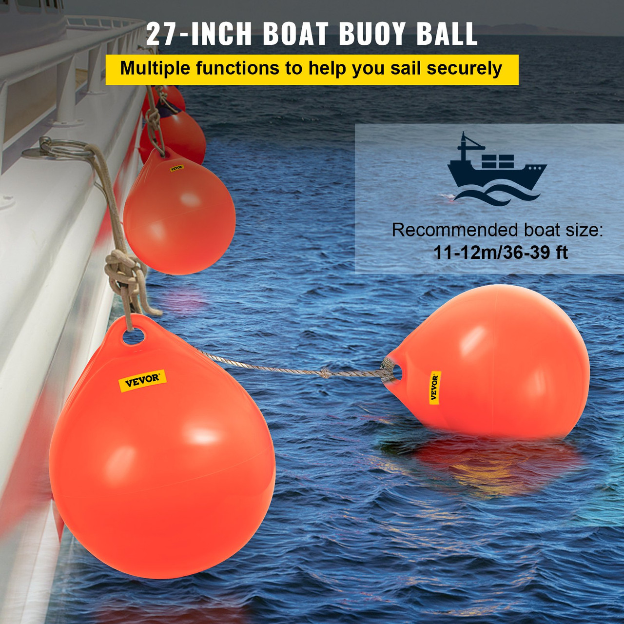 VEVOR Boat Buoy Ball, 27" Diameter Inflatable Heavy-Duty Marine-Grade Vinyl Marker Buoy, Round Boat Mooring Buoy, Anchoring, Rafting, Marking, Fishing, Orange