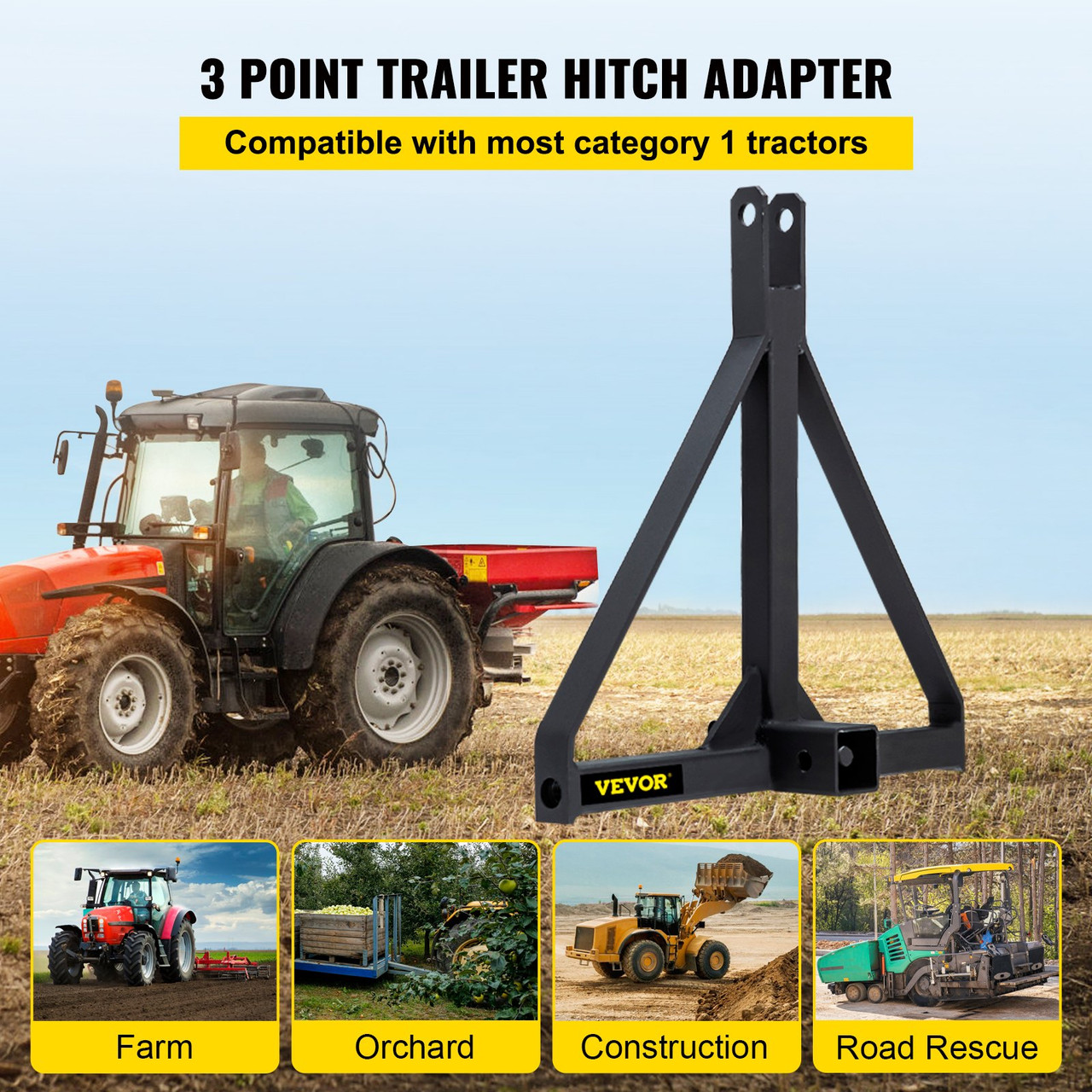 VEVOR 3 Point 2 Inch Universal Trailer Hitch Heavy Duty Receiver Hitch Category 1 Tractor Attachments Tow Hitch with 5000lbs Towing Capacity Black