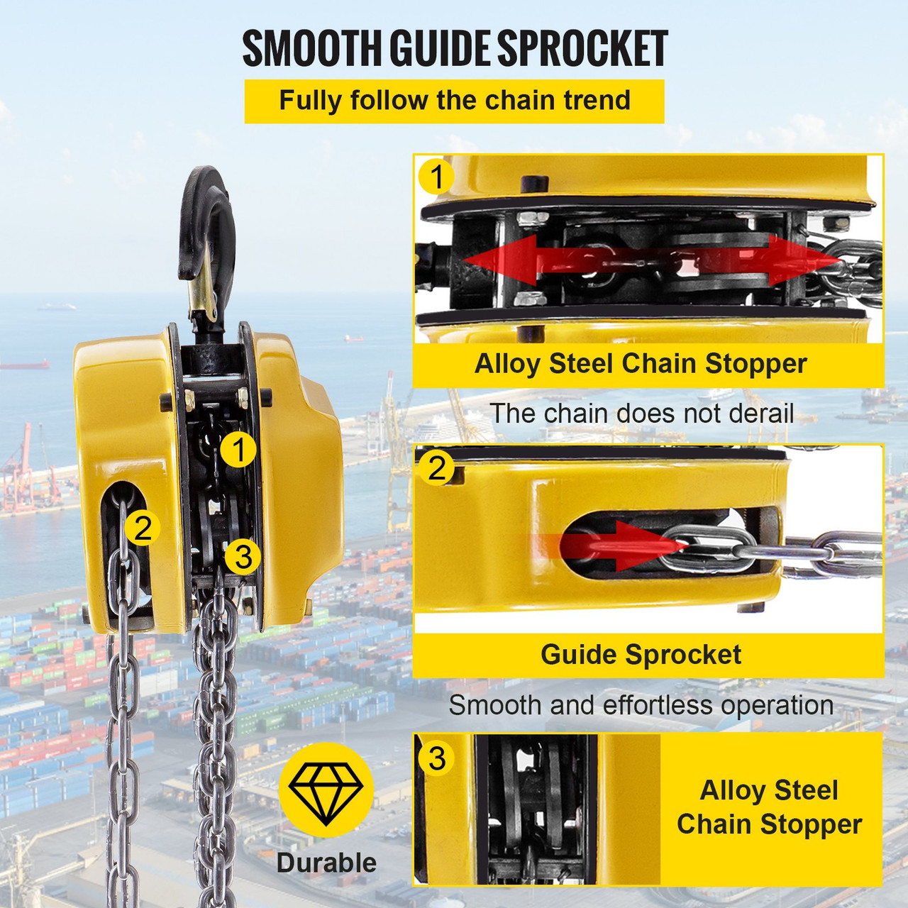 VEVOR Chain Hoist 4400lbs/2ton Chain Block Hoist Manual Chain Hoist 3m/10ft Block Chain Hand Chain Lifting Hoist w/Two Hooks Chain Pulley Tackle Hoist Winch Lifting Pulling Equipment Yellow