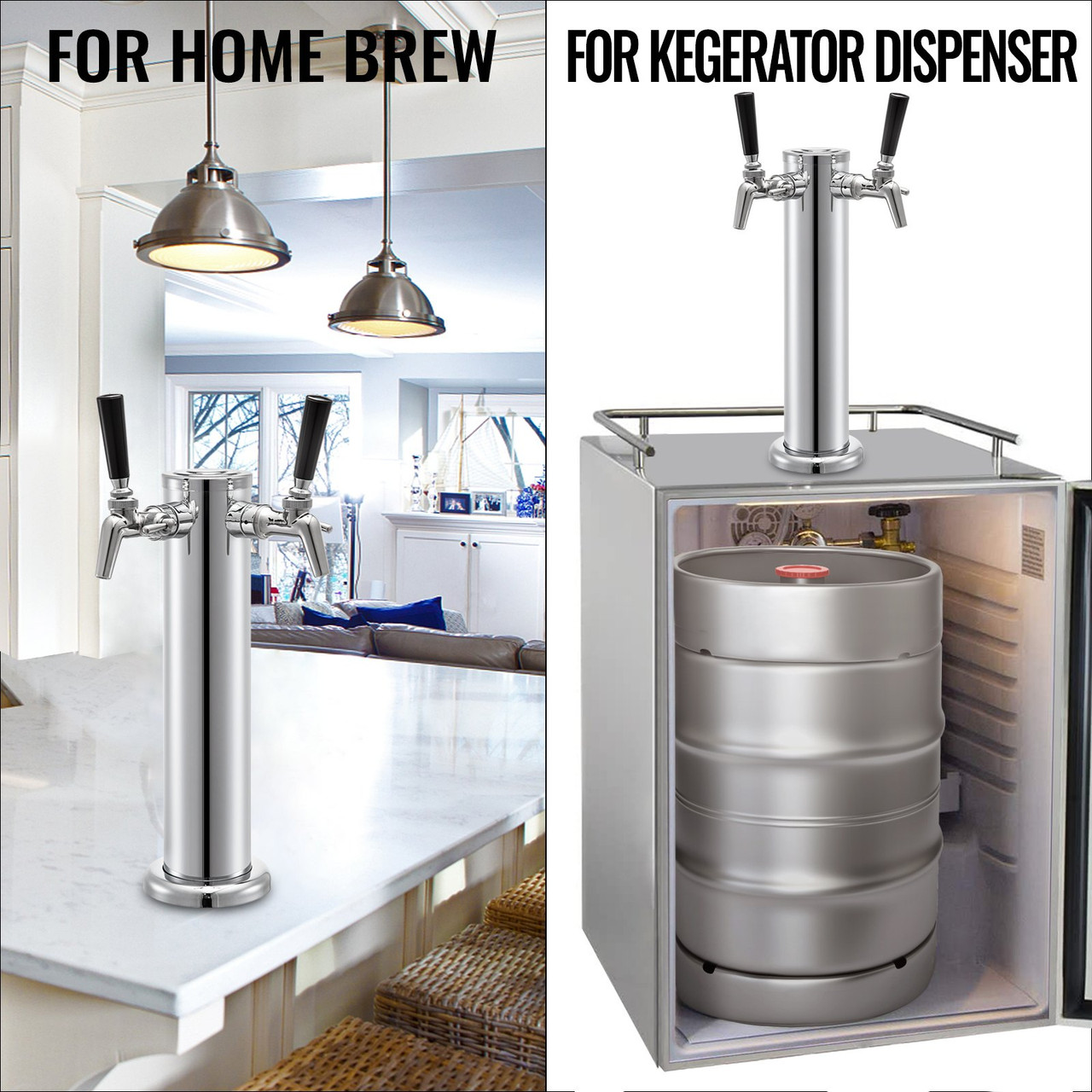 VEVOR Beer Tower, Double Adjustable Brass Faucet Kegerator Tower, Stainless Steel Draft Beer Tower, 3" Diameter Column Beer Dispenser Tower, Beer Tower Kit with Wrench, Black Handle for Home & Bar