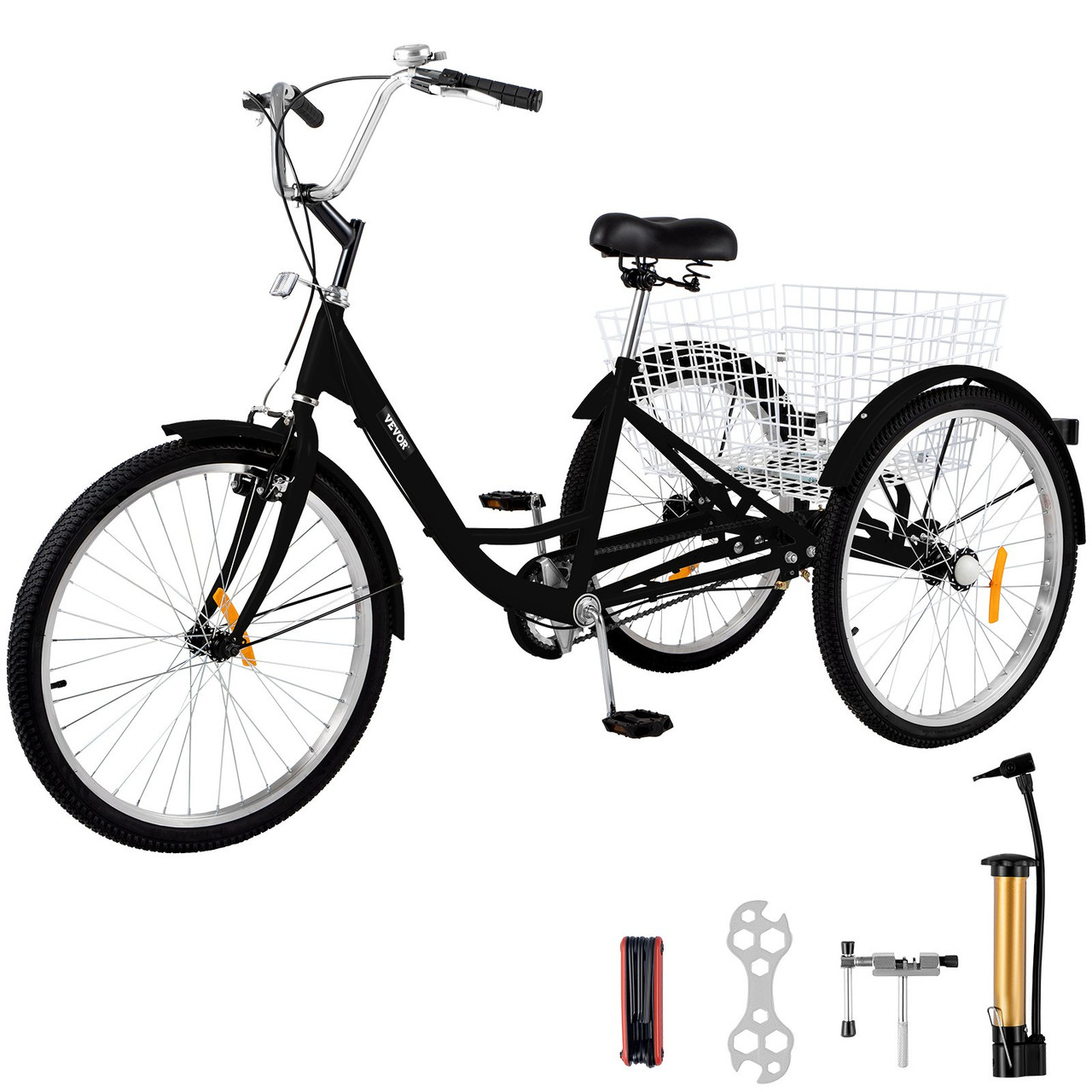 VEVOR Adult Tricycle 20 inch Single Speed Size Adjustable Trike with Bell Brake System Cruiser Bicycles Large Size Basket for Recreation Shopping Exercise (Black 1 Speed)