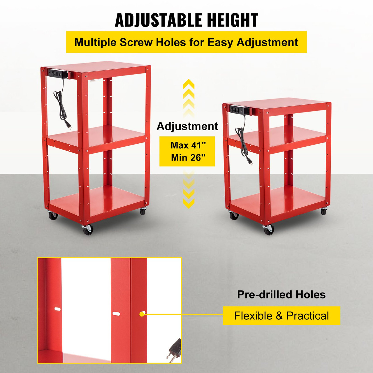 VEVOR Steel AV Cart, 26-41" Height Adjustable Media Cart with Electric Power Cord, 25" x 18" Presentation Cart with 3 Shelves, 150 LBS Rolling Projector Cart with 2 Brakes Suitable for Load-Bearing