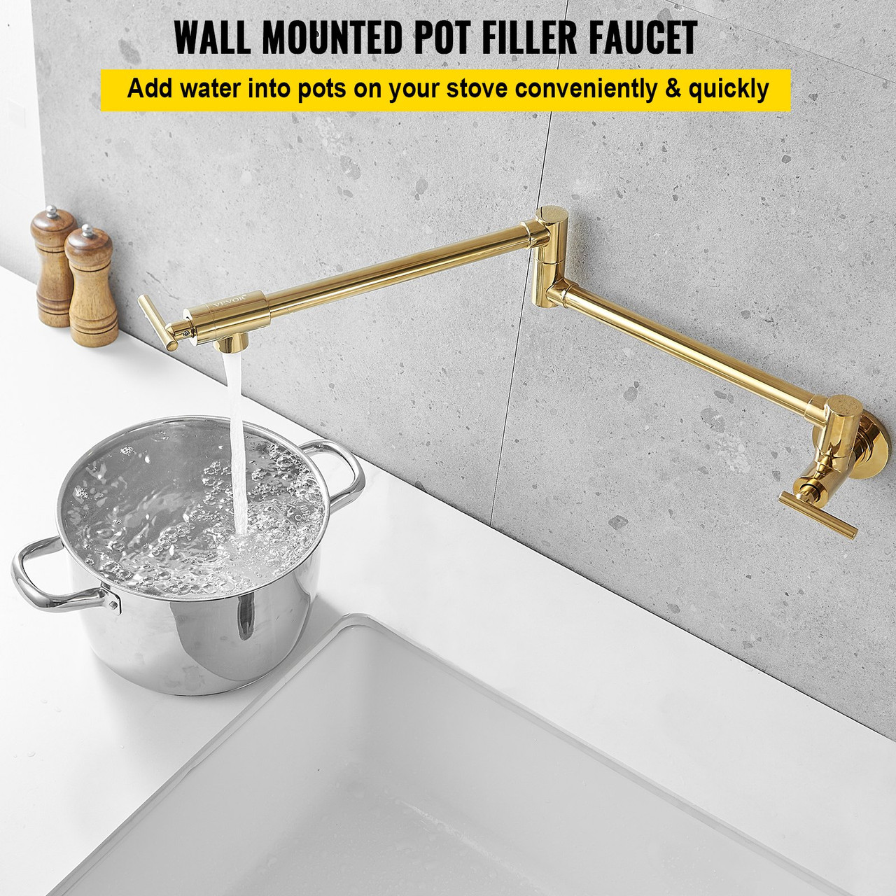 VEVOR Pot Filler Faucet, Solid Brass Commercial Wall Mount Kitchen Stove Faucet with Gold Finish, Folding Restaurant Sink Faucet with Double Joint Swing Arm & 2 Handles 24.4"