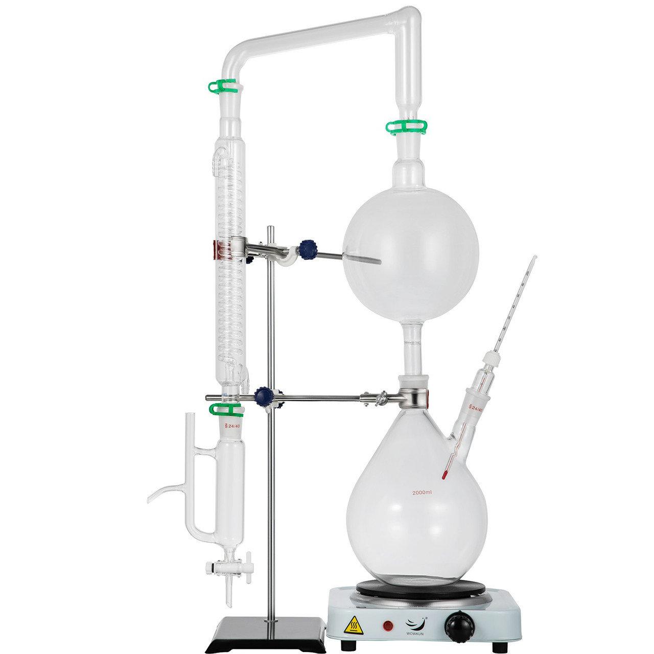 VEVOR 2L Essential Oil Distillation Apparatus Lab Glassware Distillation Kit Water Distiller Purifier with Hot Stove Condenser S35 & 24 or 40 Joint
