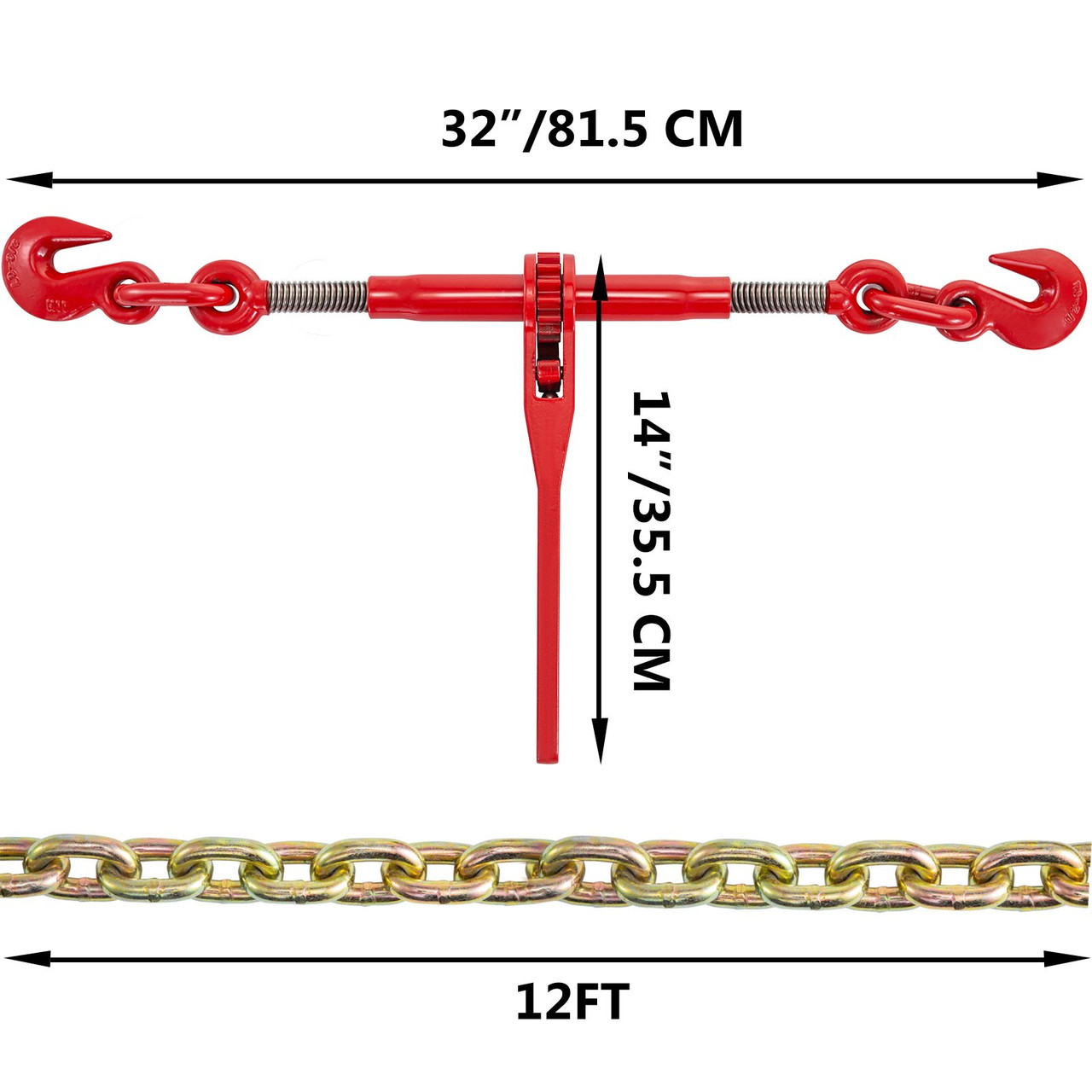 VEVOR Chain and Binder Kit 3/8in-1/2in, Ratchet Load Binders 9215lbs Working Strength, Ratchet Binders and Chains, 3/8in x 12ft Chains w/ G70 Hooks, for Truck, Tie Down, Hauling, Towing