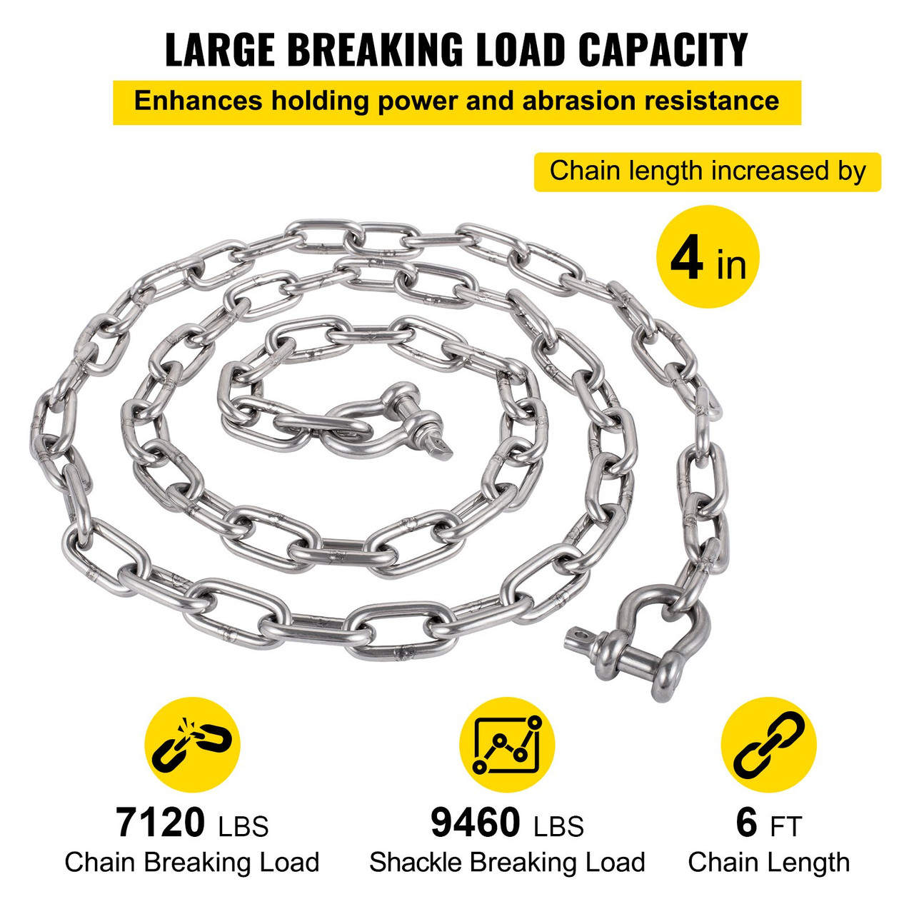 VEVOR Anchor Chain, 6' x 5/16" 316 Stainless Steel Chain, 3/8" Anchor Chain Shackle, 7120lbs Anchor Lead Chain Breaking Load, 9460lbs Anchor Chain Shackle Breaking Load, Anchor Chain for Small Boats