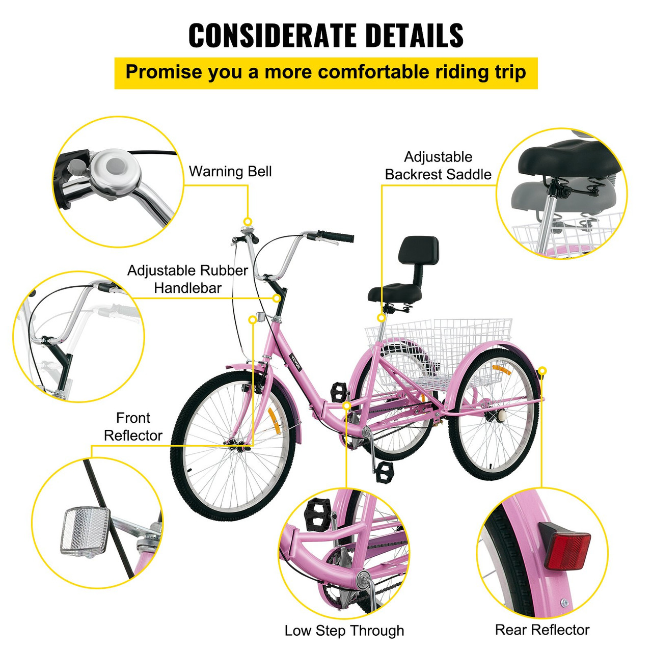 VEVOR Tricycle Adult 26“ Wheels Adult Tricycle 1-Speed 3 Wheel Bikes For Adults Three Wheel Bike For Adults Adult Trike Adult Folding Tricycle Foldable Adult Tricycle 3 Wheel Bike Trike For Adults