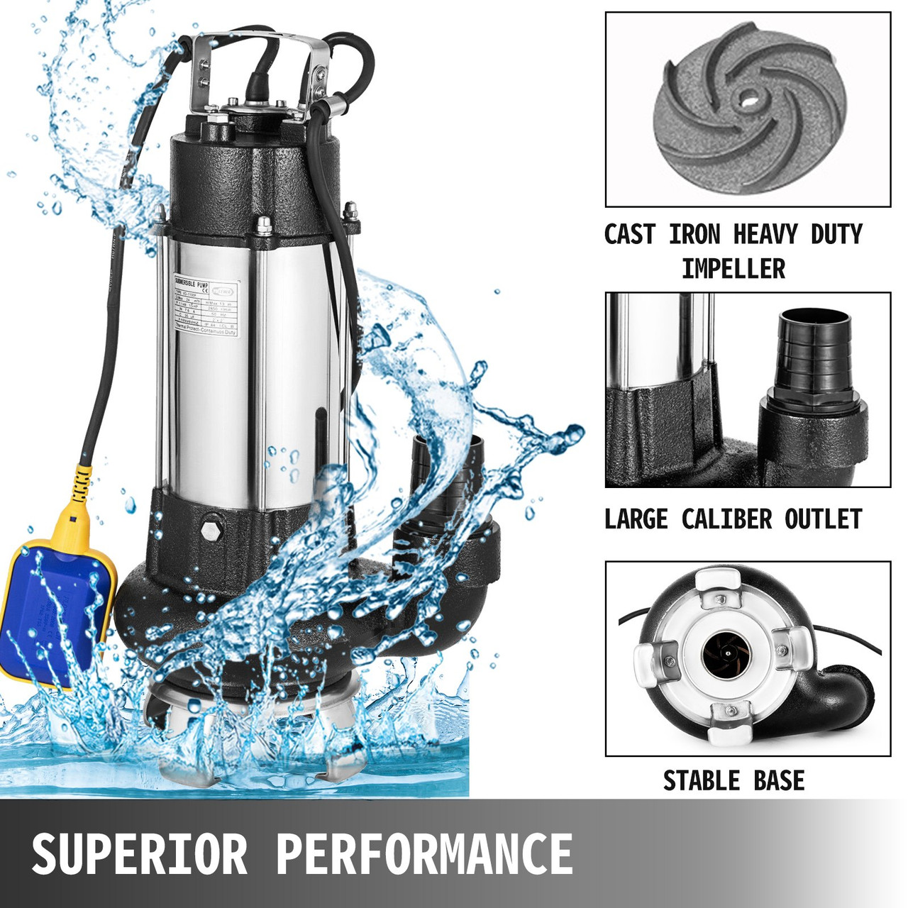 VEVOR 6340gph Sump Pump1.5hp Industrial Sewage Cutter Grinder Cast Iron Submersible
