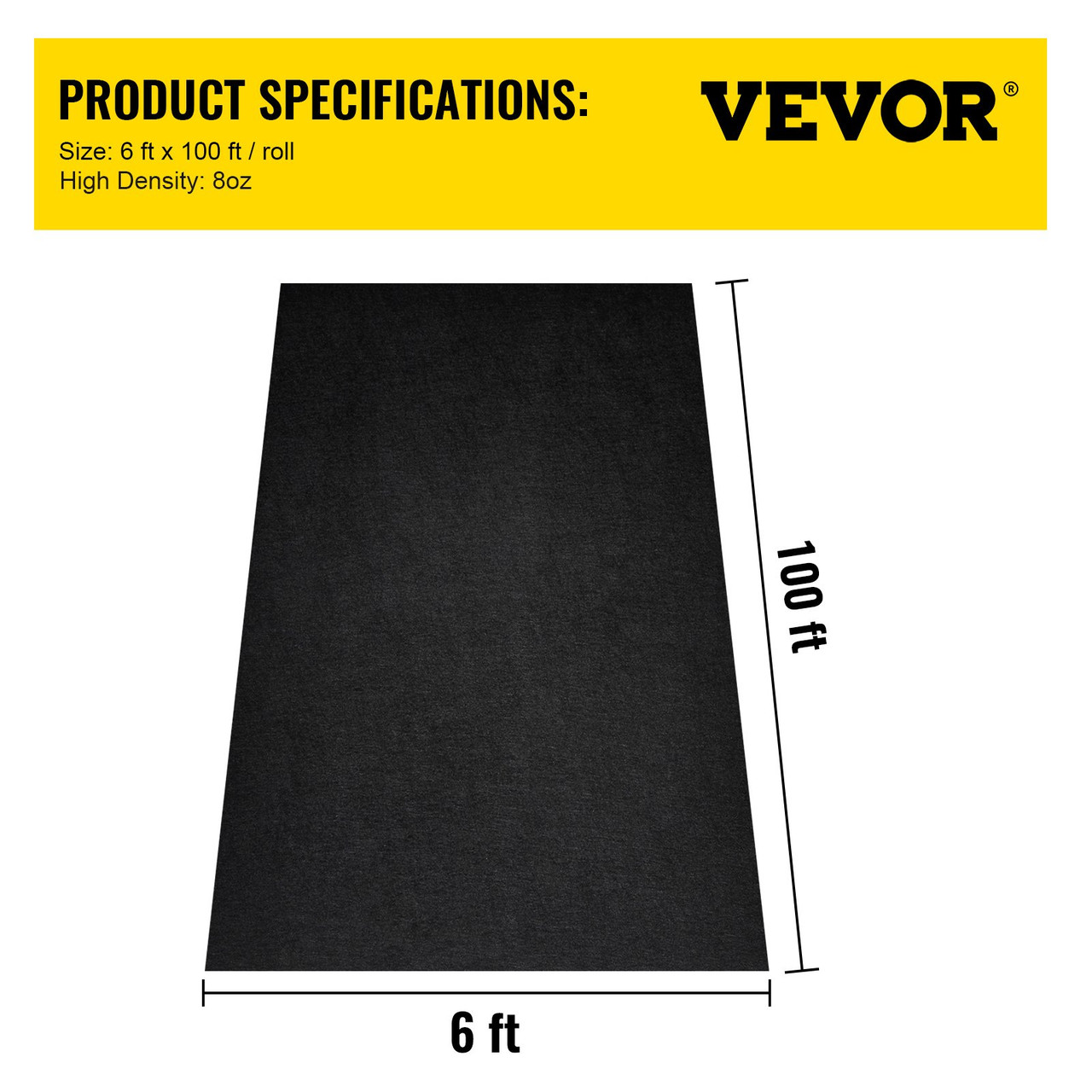 VEVOR Garden Weed Barrier Fabric, 8OZ Heavy Duty Geotextile Landscape Fabric, 6ft x 100ft Non-Woven Weed Block Gardening Mat for Ground Cover, Weed Control Cloth, Landscaping, Underlayment, Black