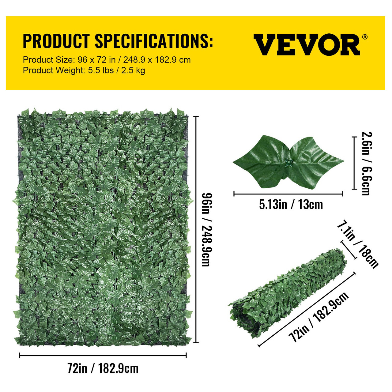 VEVOR Ivy Privacy Fence Screen, 96"x72" PP Faux Leaf Artificial Hedges, 3-Layers Indoor or Outdoor Greenery Leaves Panel, Multi-use for Garden, Yard, Decor, Balcony, Patio, Home, Green