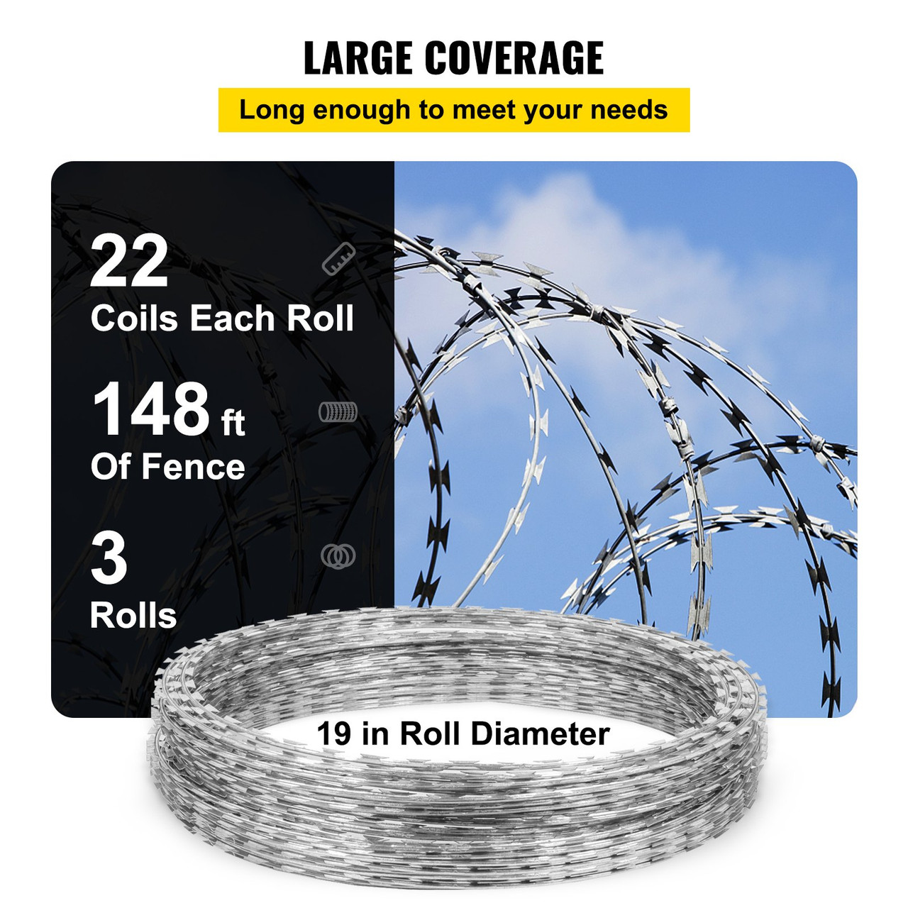 VEVOR Razor Wires, 147ft Razor Barbed Wire 3 Coils, 49 ft Per Roll Razor Wire Fencing Razor Fence, Razor Ribbon Barbed Wire Galvanized Steel Razor Wire Fence, Rolls Razor Useful Protection for Garden