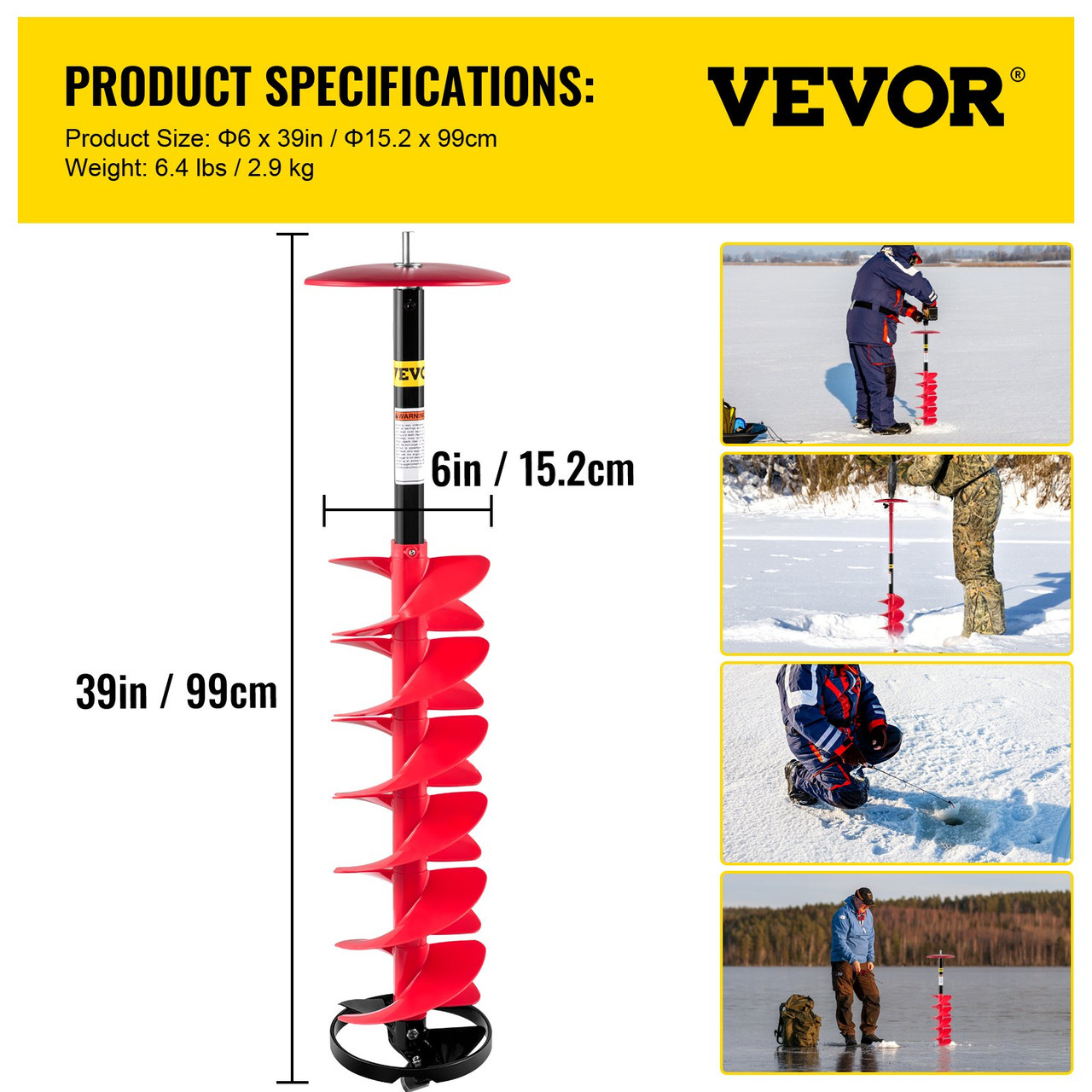VEVOR Ice Drill Auger, 6" Diameter Nylon Ice Auger, 39" Length Ice Auger Bit,Auger Drill with 11.8" Extension Rod,Auger Bit w/Drill Adapter,Top Plate & Blade Guard for Ice Fishing Ice Burrowing Red