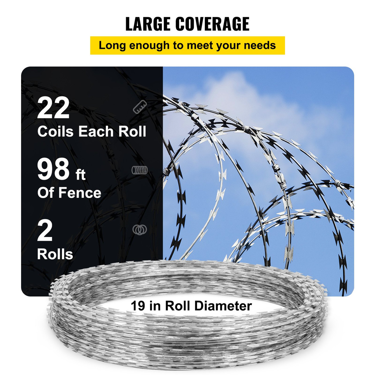 VEVOR Razor Wires, 98ft Razor Barbed Wire 2 Coils, 49 ft Per Roll Razor Wire Fencing Razor Fence, Razor Ribbon Barbed Wire Galvanized Steel Razor Wire Fence, Rolls Razor Useful Protection for Garden