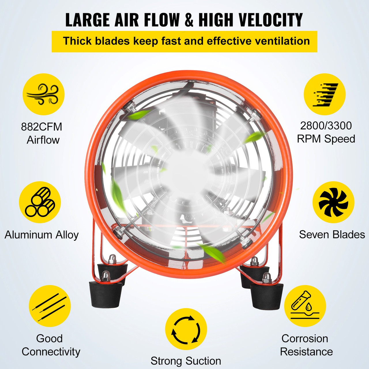 VEVOR Heavy Duty Cylinder Fan with 10m Vinyl Hose High Velocity Portable Utility Blower/Exhaust Axial Hose Fan 8-Inch Orange