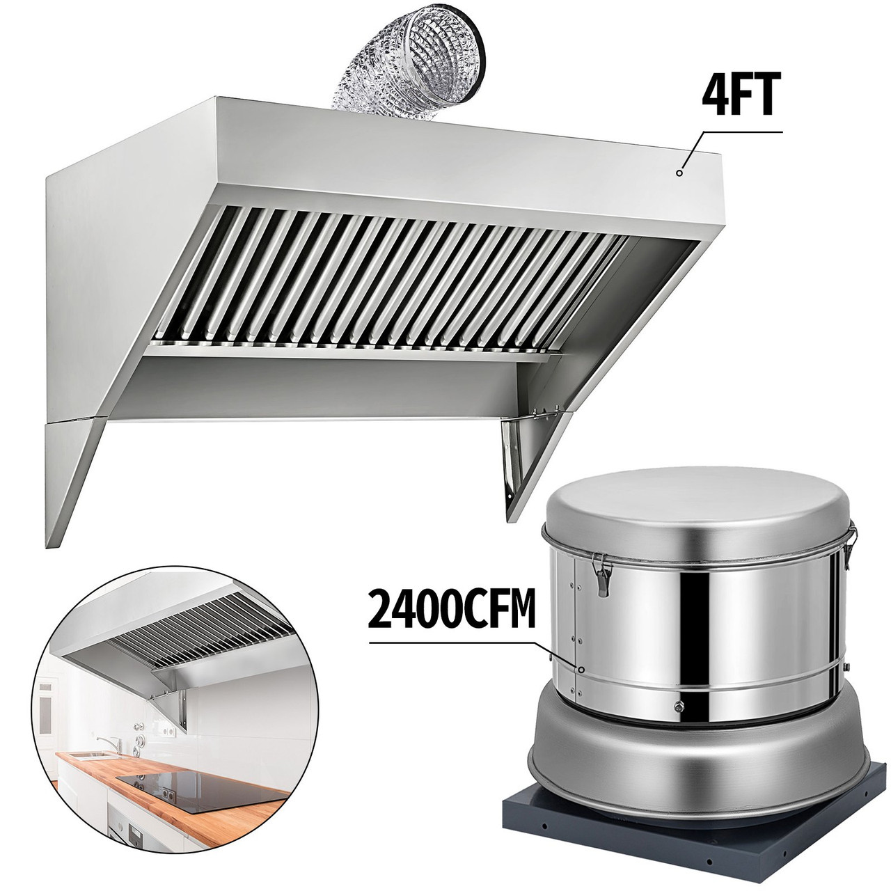 VEVOR Concession Hood Exhaust 4FT Food Truck Hood Exhaust, Stainless Steel Concession Hood Vent Silver Food Truck Vent, Commercial Hood Vent with Baffle Hood Filter, Fume Pipe, 2400CFM Exhaust Fan