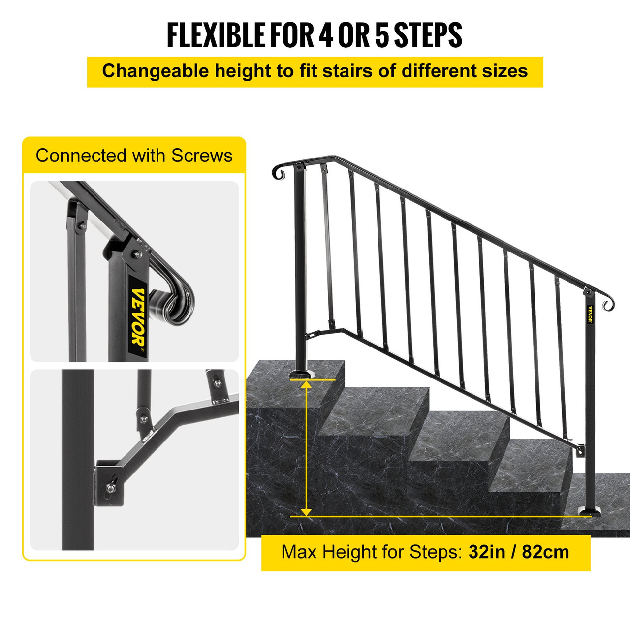 VEVOR Handrails for Outdoor Steps, Fit 4 or 5 Steps Outdoor Stair Railing, Picket#4 Wrought Iron Handrail, Flexible Porch Railing, Black Transitional Handrails for Concrete Steps or Wooden Stairs