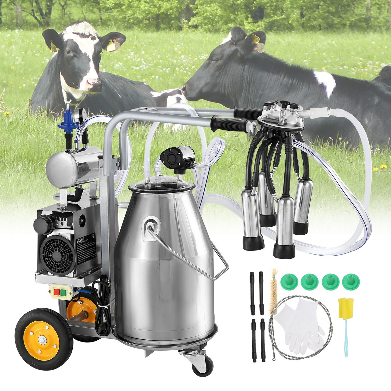 VEVOR Electric Cow Milking Machine, 6.6 Gal / 25 L 304 Stainless Steel Bucket, Automatic Pulsation Vacuum Milker, Portable Milker with Food-grade Silicone Cups and Tubes, Adjustable Pressure