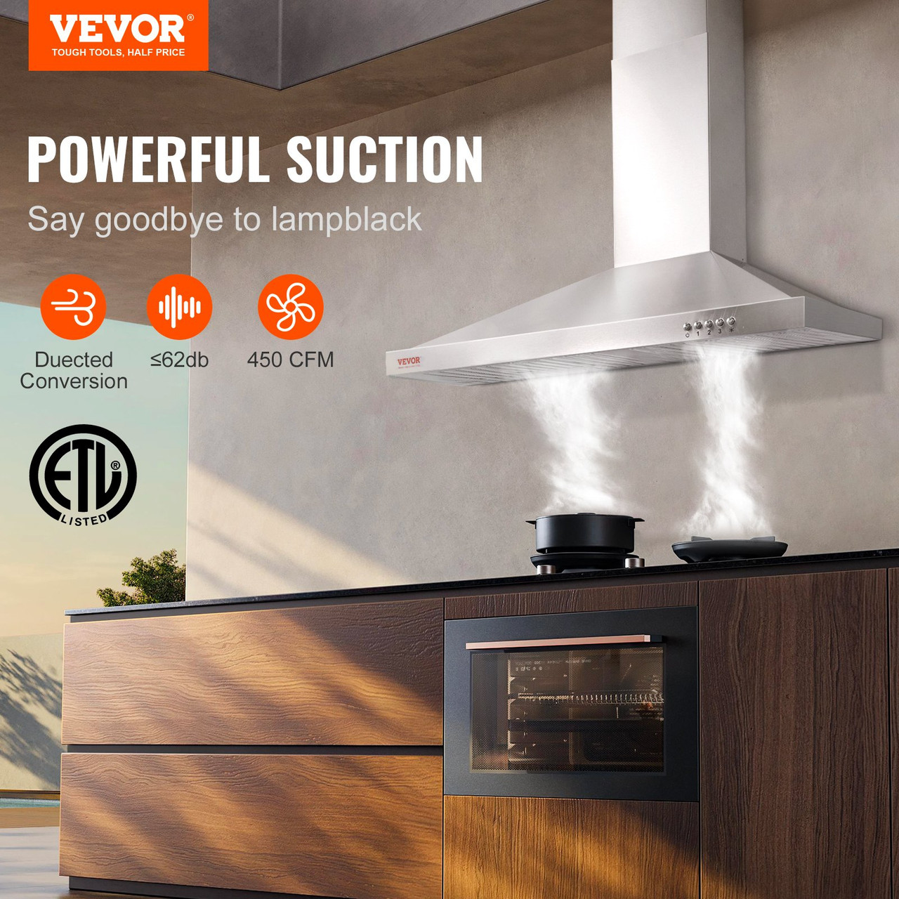 VEVOR Wall Mount Range Hood, Ductless Chimney-Style Kitchen Stove Vent, Stainless Steel Permanent Filter with 3-Speed Exhaust Fan, 2 Baffle Filters, LED Lights, Push Button, Silver (30 inch)