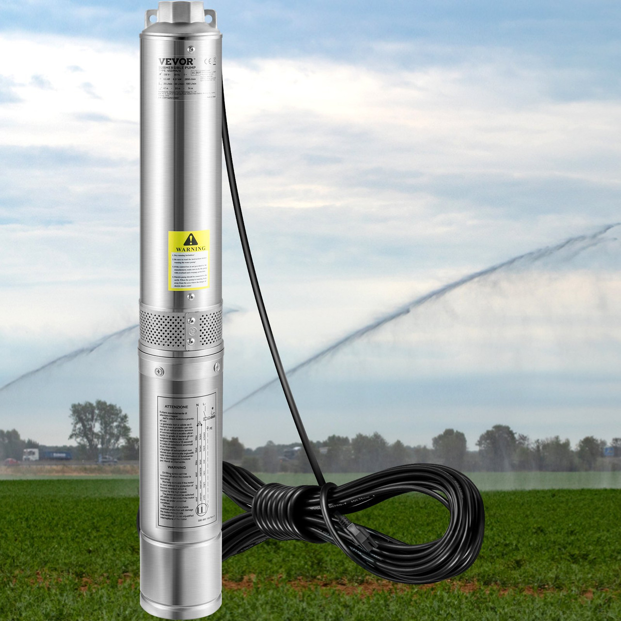VEVOR Deep Well Submersible Pump, 1HP 230V/60Hz, 37gpm Flow 207ft Head, with 33ft Electric Cord, 4" Stainless Steel Water Pump for Industrial, Irrigation&Home Use, IP68 Waterproof Grade