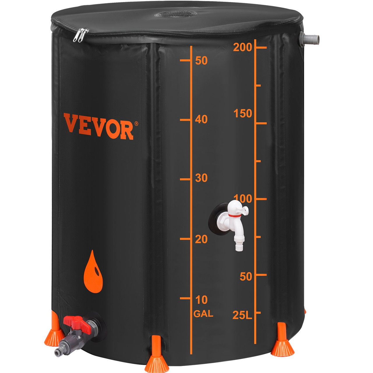 VEVOR Collapsible Rain Barrel, 53 Gallon Large Capacity, PVC Rainwater Collection System with Spigots and Overflow Kit, Portable Water Tank Storage Container for Garden Water Catcher, Black