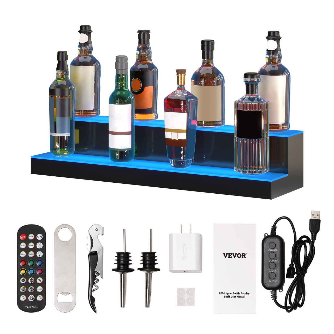 VEVOR LED Lighted Liquor Bottle Display, 2 Tiers 30 Inches, Illuminated Home Bar Shelf with RF Remote & App Control 7 Static Colors 1-4 H Timing, Acrylic Drinks Lighting Shelf for Holding 16 Bottles