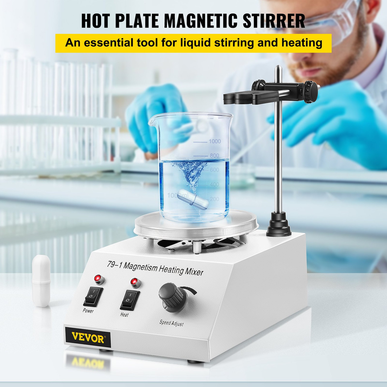 VEVOR Magnetic Stirrer 250W 158?/70? Heating Hot Plate with Magnetic Stirrer 0-1600 RPM Adjustable 1000ML Lab Magnetic Stirrer Mixer with Stand Support, Stirring Bar