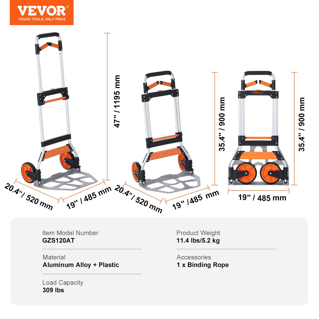 VEVOR Folding Hand Truck, 309 lbs Load Capacity, Aluminum Portable Cart, Convertible Hand Truck and Dolly with Telescoping Handle and PP+TPR Wheels, Ultra Lightweight Super Strong for Moving Warehouse