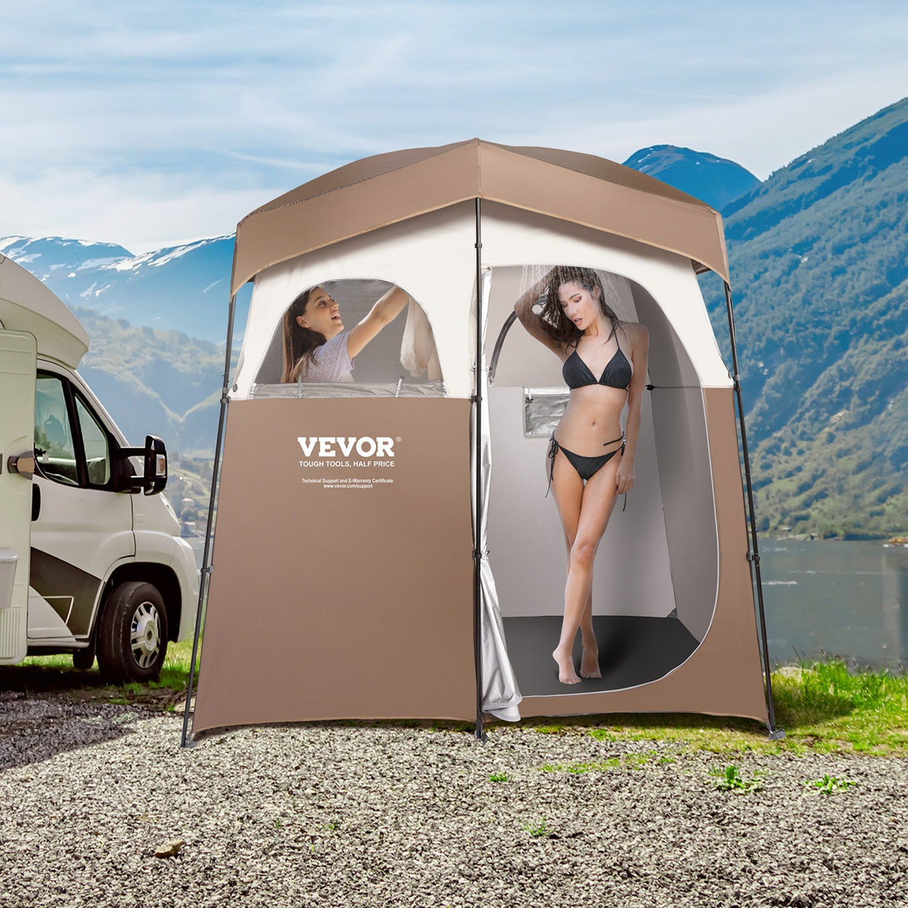 VEVOR Camping Shower Tent, 83" x 42" x 83" 2 Rooms Oversize Outdoor Portable Shelter, Privacy Tent with Detachable Top, Pockets, Hanging Rope and Clothesline, for Dressing, Changing, Toilet, Bathroom