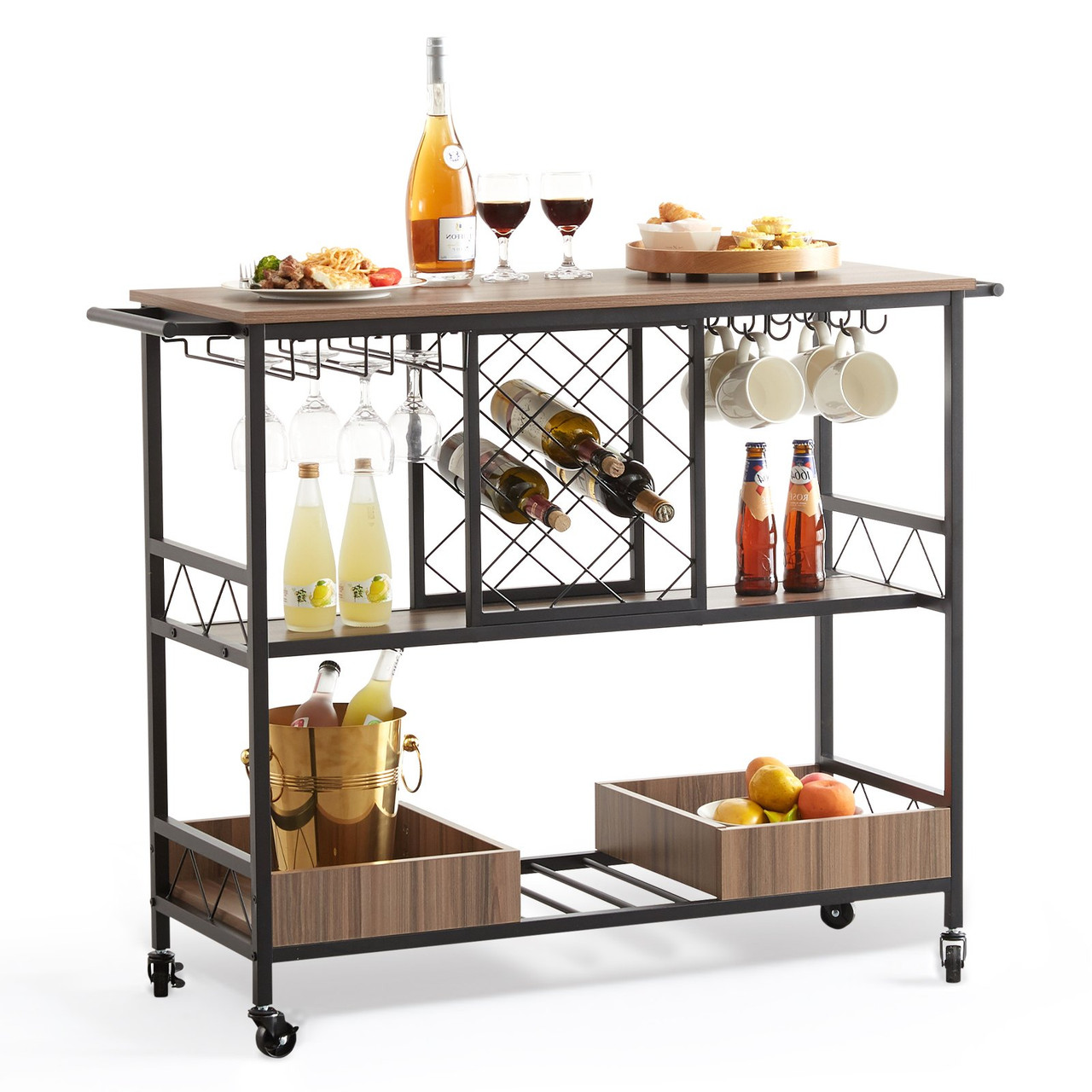 VEVOR 3-Tier Bar Serving Cart Rolling Trolley with Wine Grid Glass Holder 300LBS