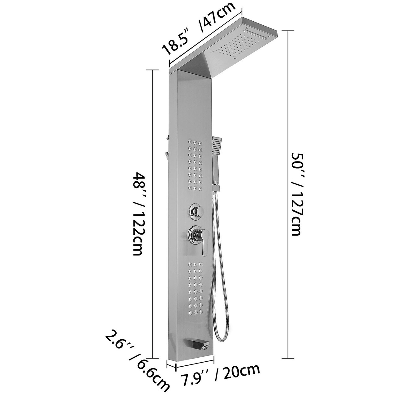 VEVOR Shower Panel Tower System Stainless Steel Multi-Function Shower Panel with Spout Rainfall Waterfall Massage Jets Tub Spout Hand Shower for Home Hotel Resort (Split, Polished Silver)