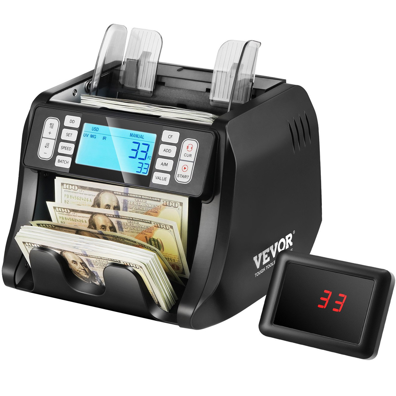 VEVOR Money Counter Machine, Bill Counter with UV, MG, IR and DD Counterfeit Detection, USD & EUR Cash Counting Machine with Add and Batch Modes, Large LCD & External Display