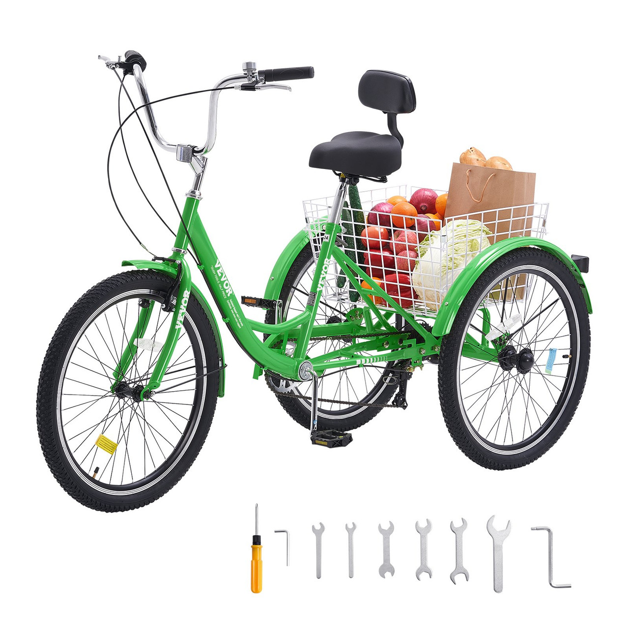 VEVOR Adult Tricycles Bike, 7 Speed Adult Trikes, 20 Inch Three-Wheeled Bicycles, Carbon Steel Cruiser Bike with Basket and Adjustable Seat, Picnic Shopping Tricycles for Seniors, Women, Men (Green)