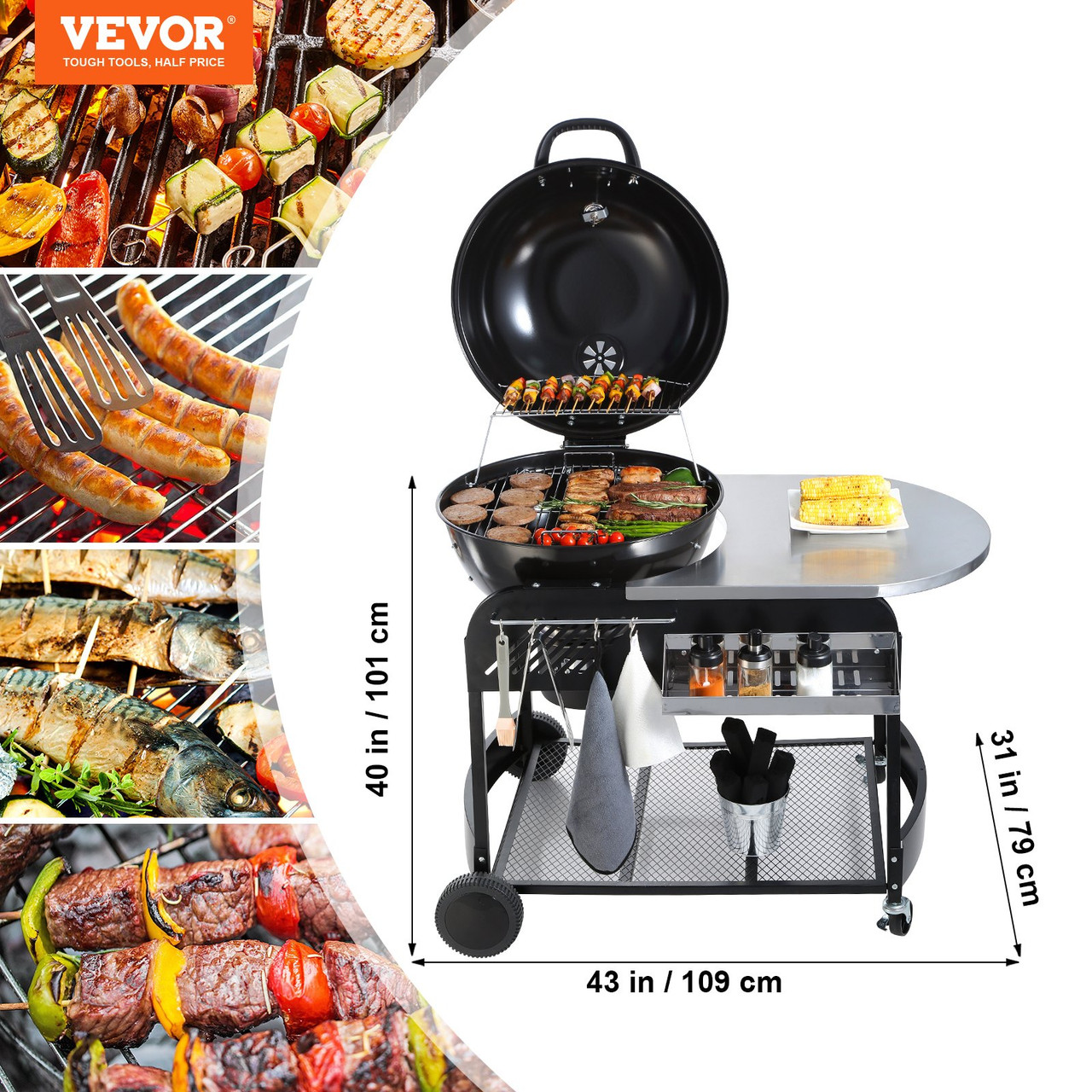 VEVOR 21 inch Kettle Charcoal Grill BBQ Portable Grill with Cart Outdoor Cooking