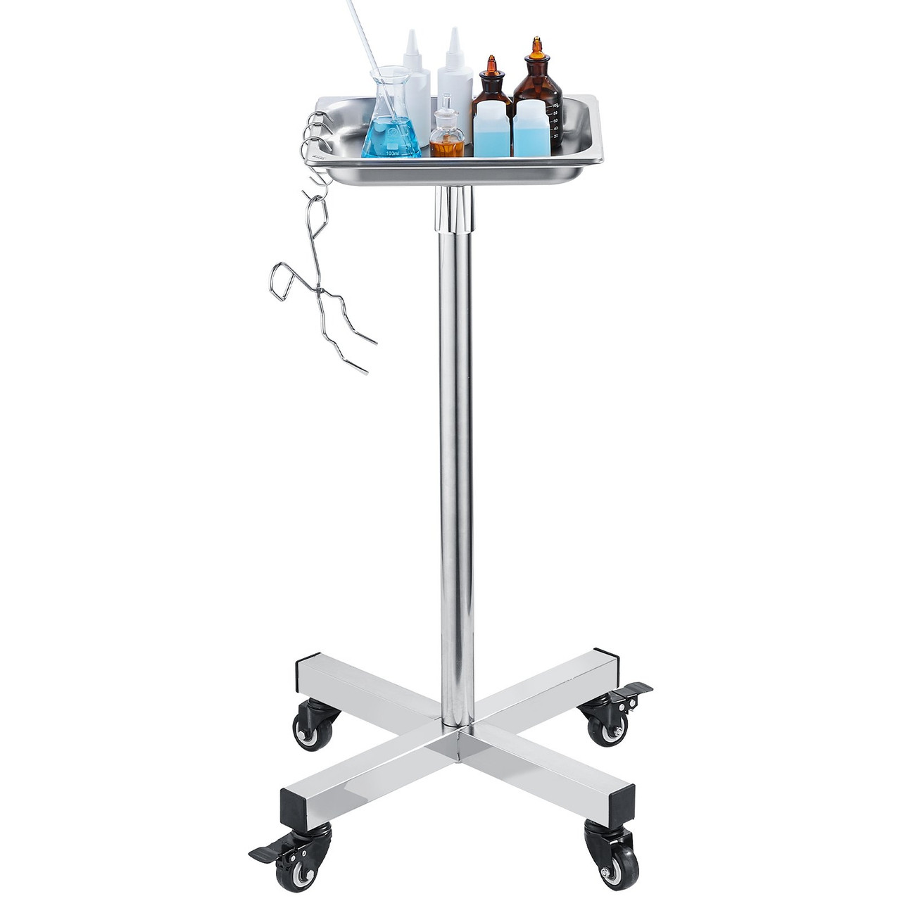 VEVOR Mayo Stand, Stainless Steel Mayo Tray, Load Capacity up to 36 lbs, Adjustable Height 31.9"-55", Medical Tray on Wheels with Removable Tray for Spa, Salon, Clinic, Personal Care