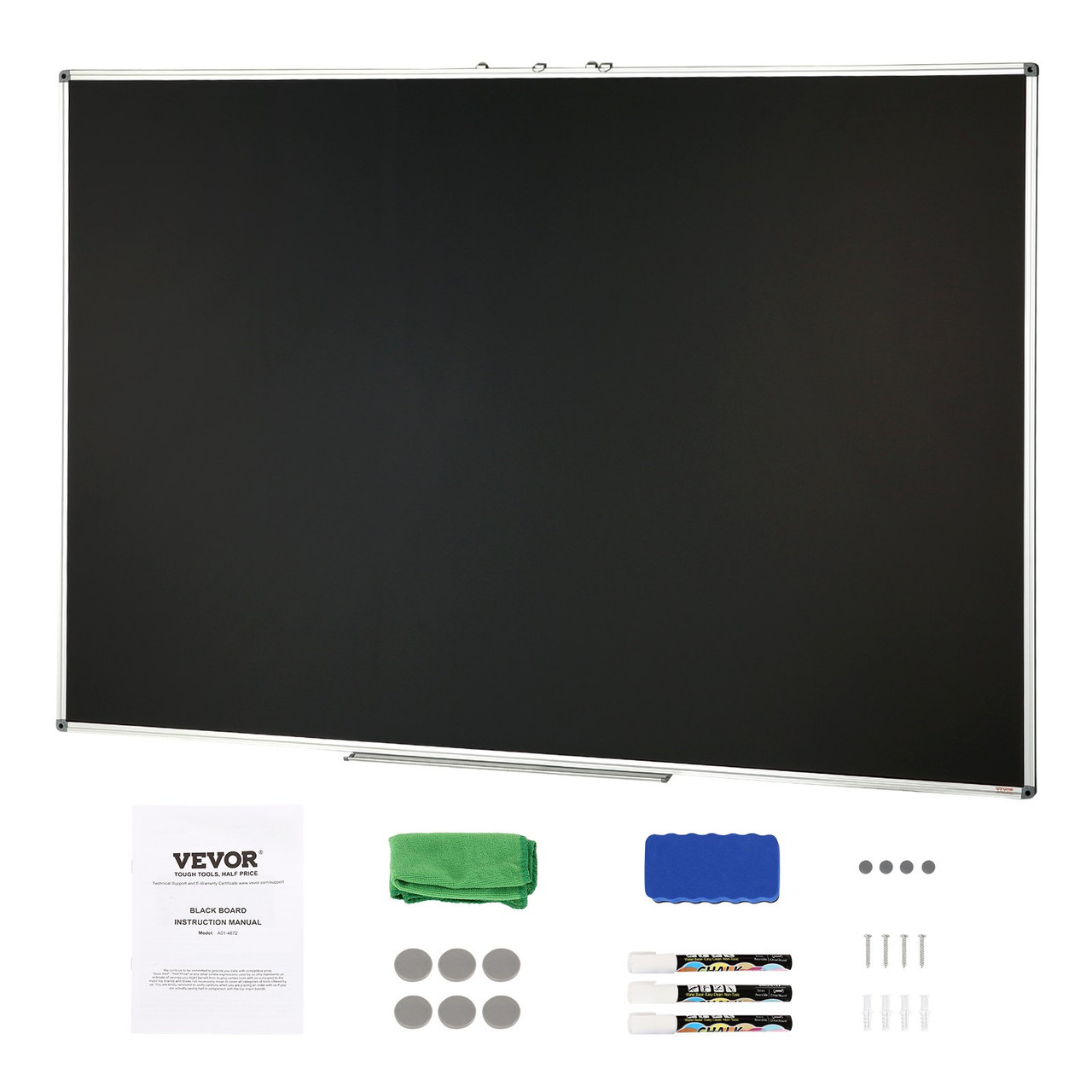 VEVOR Chalk Board, 48 x 72 Inches Large Chalkboard with Aluminum Frame, Black Boards Dry Erase Includes 1 Magnetic Erase & 3 Dry Erase Marker, Black Surface, for Office Home and School