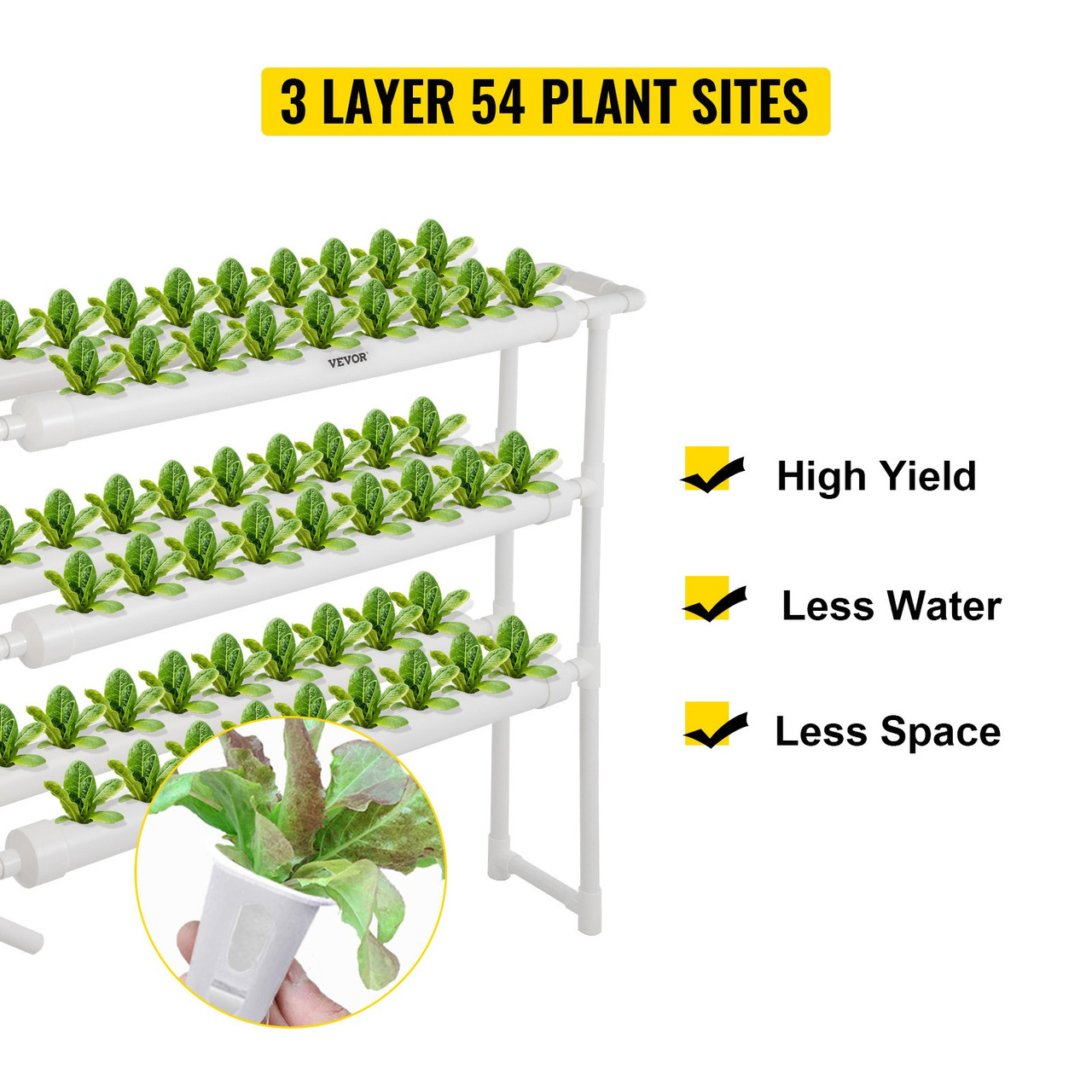 VEVOR Hydroponic Grow Kit 6 Pipes 3 Layers 54 Plant Sites Drain-lever Culture Lettuce