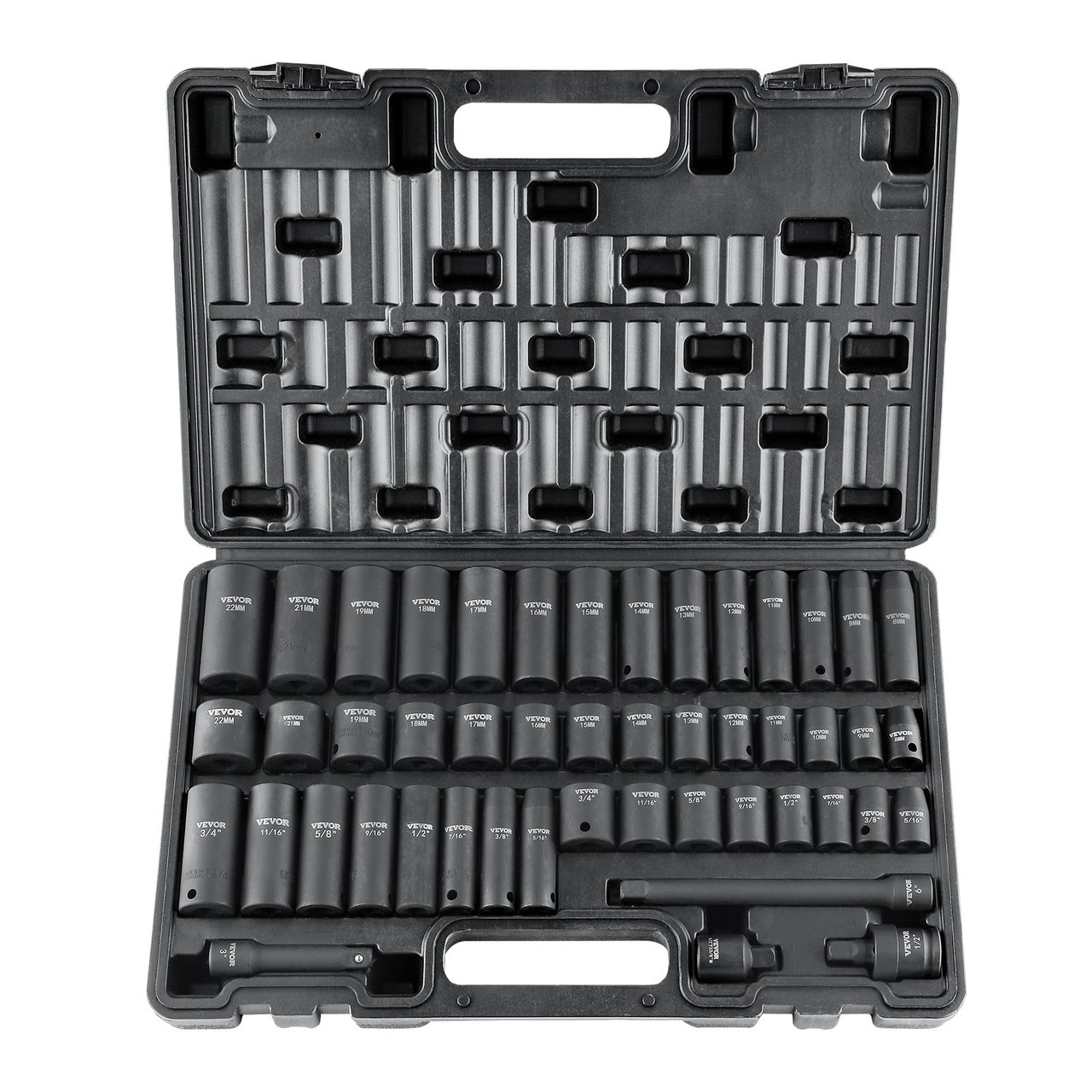 VEVOR 3/8" Drive Impact Socket Set, 48 Piece Socket Set SAE ?5/16" -3/4"? & Metric ?8-22mm?6 Point Cr-V Drive Extension Bar Universal Joint & Power Drill Adapter Includes Storage Case