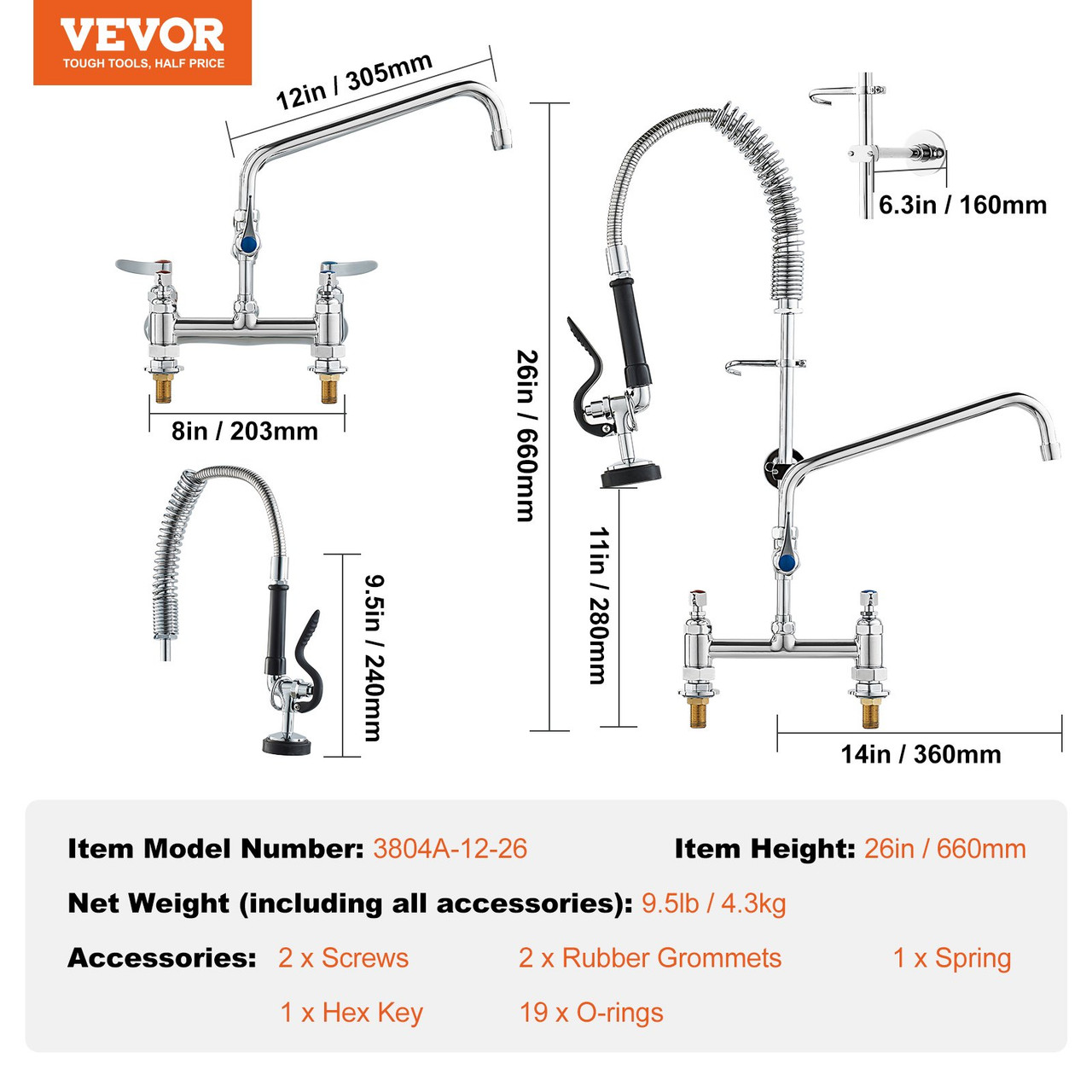 VEVOR Commercial Faucet with Pre-Rinse Sprayer, 26" Height, 8" Center, 12" Swing Spout, Deck Mount Kitchen Sink Faucet, Brass Constructed Device with Pull Down Spray, for 1/2/3 Compartment Sink