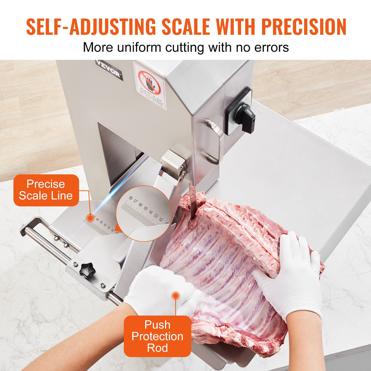 VEVOR Commercial Electric Meat Bandsaw, 2200W Stainless Steel Countertop Bone Sawing Machine, Workbeach 18.5" x 20.9", 0-7.1 Inch Cutting Thickness, Frozen Meat Cutter with 6 Blades for Rib Pork Beef