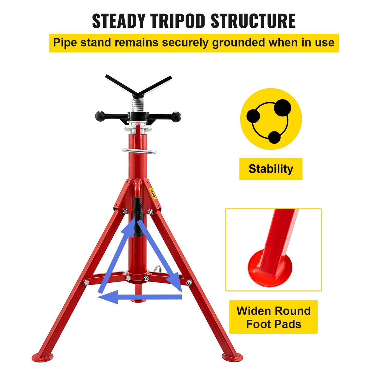 VEVOR V Head Pipe Stand 1/8"-12" Capacity,Adjustable Height 28"-52”,Pipe Jack Stands 2500 lb. Load Capacity,Portable Folding Pipe Stands, Carbon Steel Body More Durable