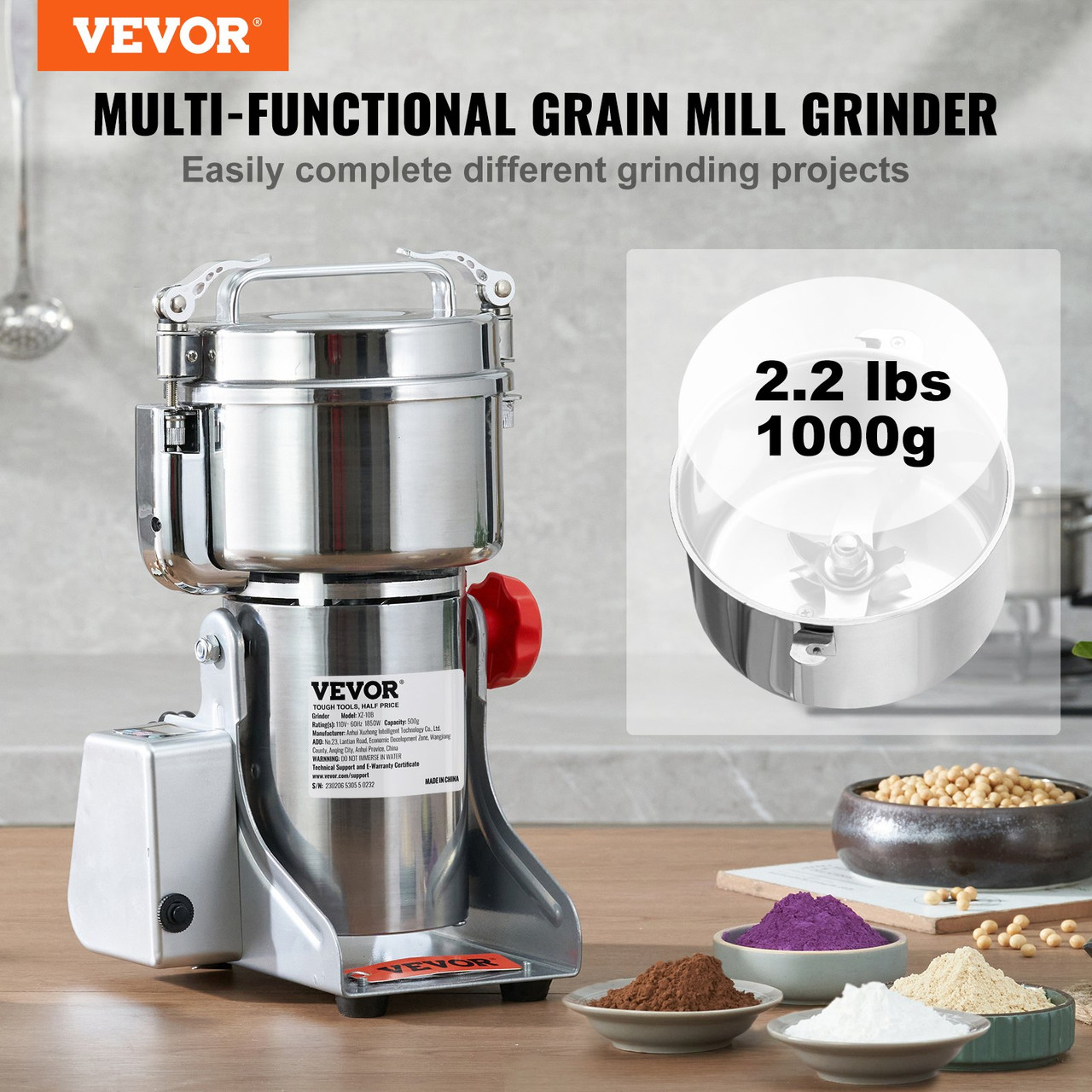 VEVOR 1000g Electric Grain Mill Grinder, 3750W High-Speed Commercial Spice Grinders, Stainless Steel Swing Type Pulverizer Powder Machine, for Spices Cereals Dry Grains Coffee Corn Pepper