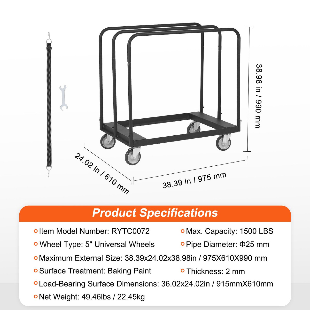 VEVOR Drywall Cart, 1500 LBS Panel Dolly Cart with 36.02" x 24.02" Deck and 5" Swivel Wheels, Heavy-Duty Drywall Sheet Cart, Handling Wall Panel, Sheetrock, Lumber, for Garage, Home, Warehouse