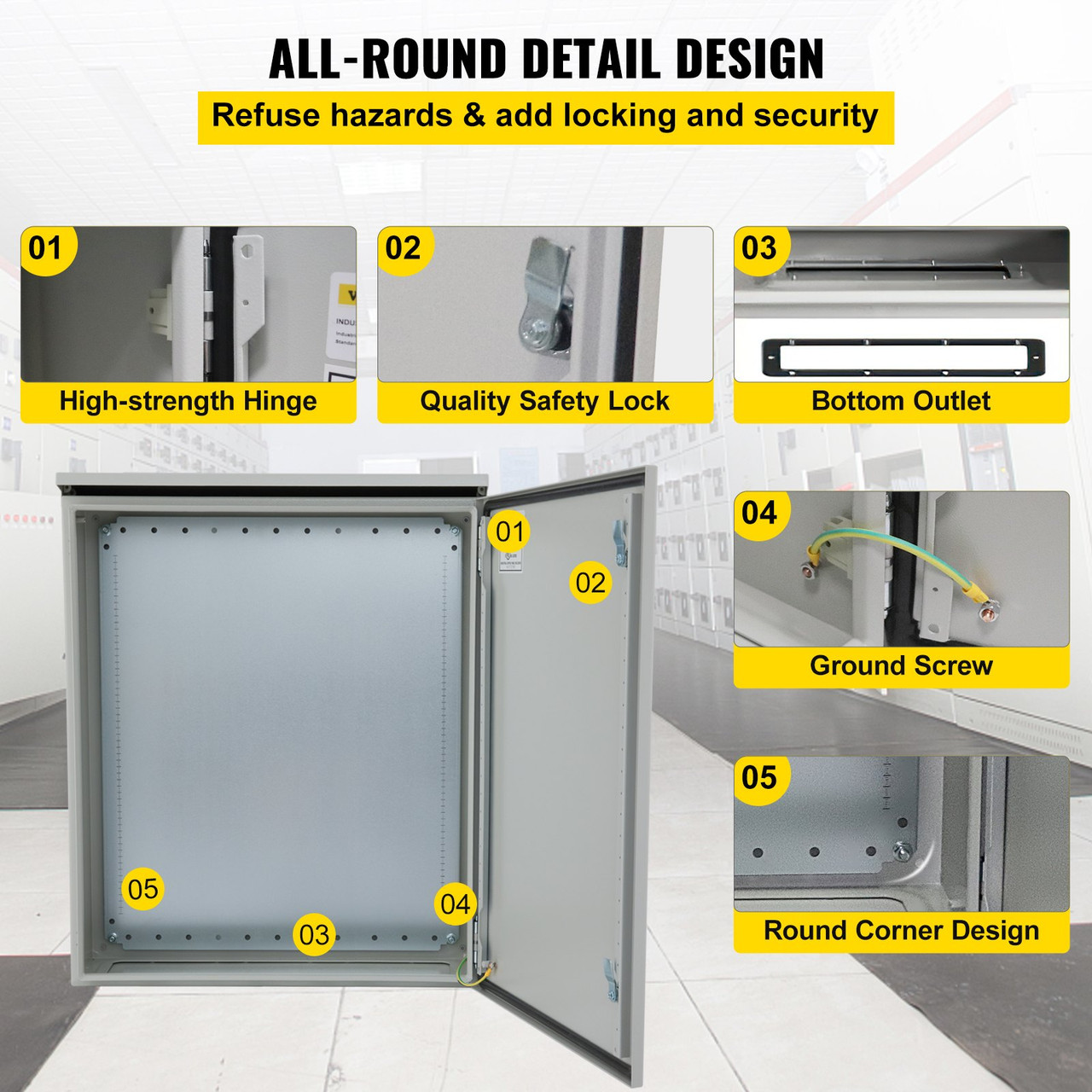 VEVOR Electrical Enclosure, 24x24x8in, Tested to UL Standards NEMA 4 Outdoor Enclosure, IP65 Waterproof & Dustproof Cold-Rolled Carbon Steel Hinged Junction Box for Outdoor Indoor Use, with Rain Hood