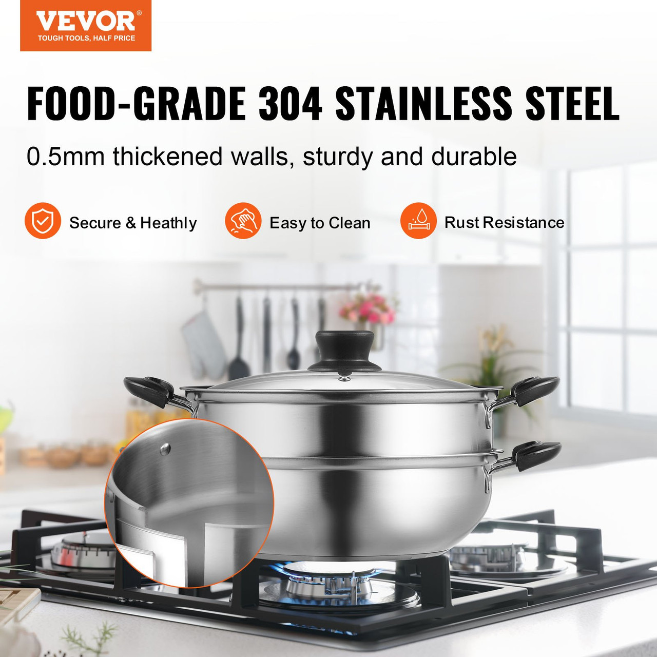 VEVOR Steamer Pot, 11in/28cm Steamer Pot for Cooking with 3QT Stock Pot and Vegetable Steamer, Food-Grade 304 Stainless Steel Food Steamer Cookware with Lid for Gas Electric Induction Grill Stove